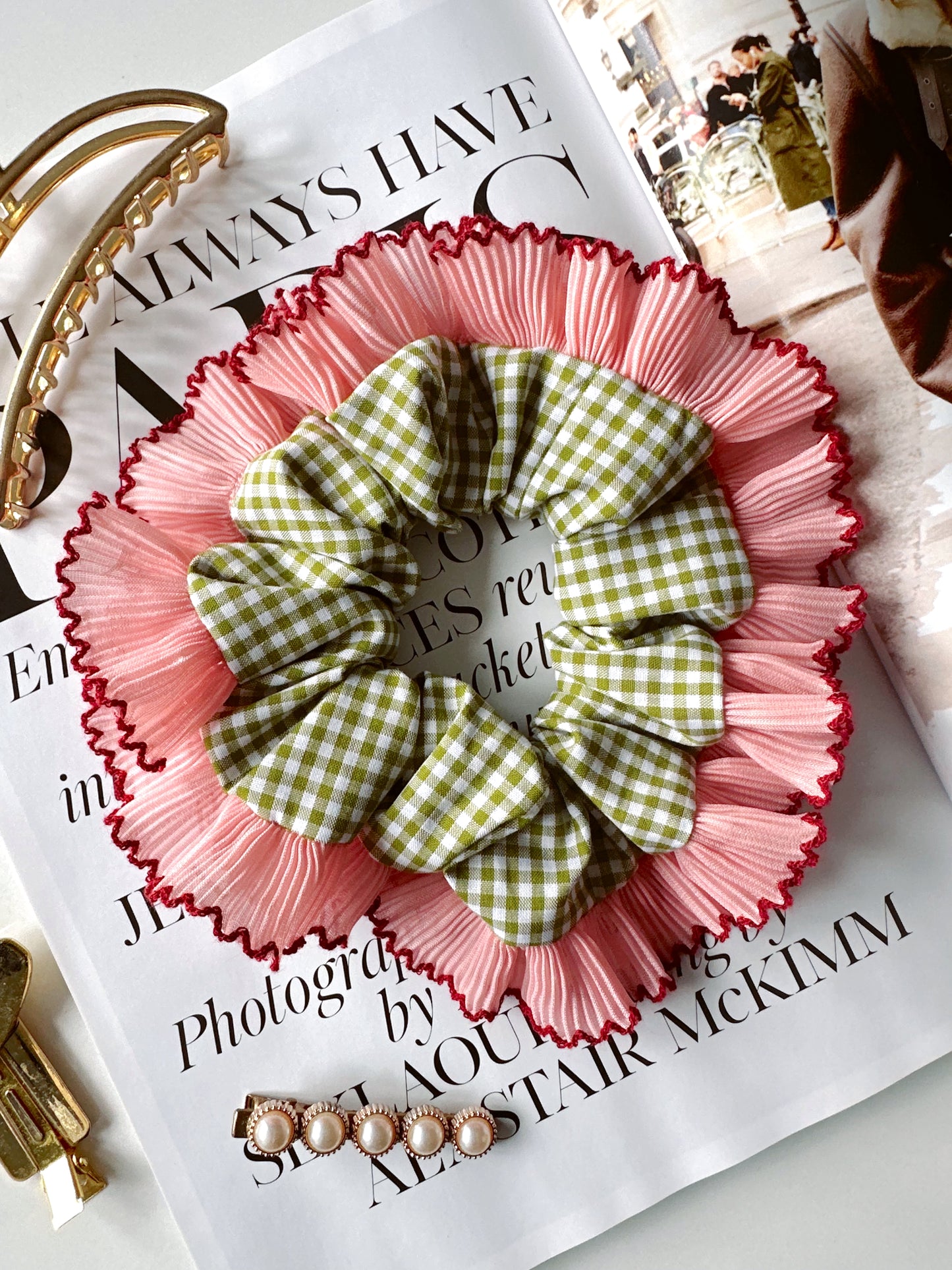 Handmade XL Olive Green Gingham Scrunchie with Pink and Red Frill Trim