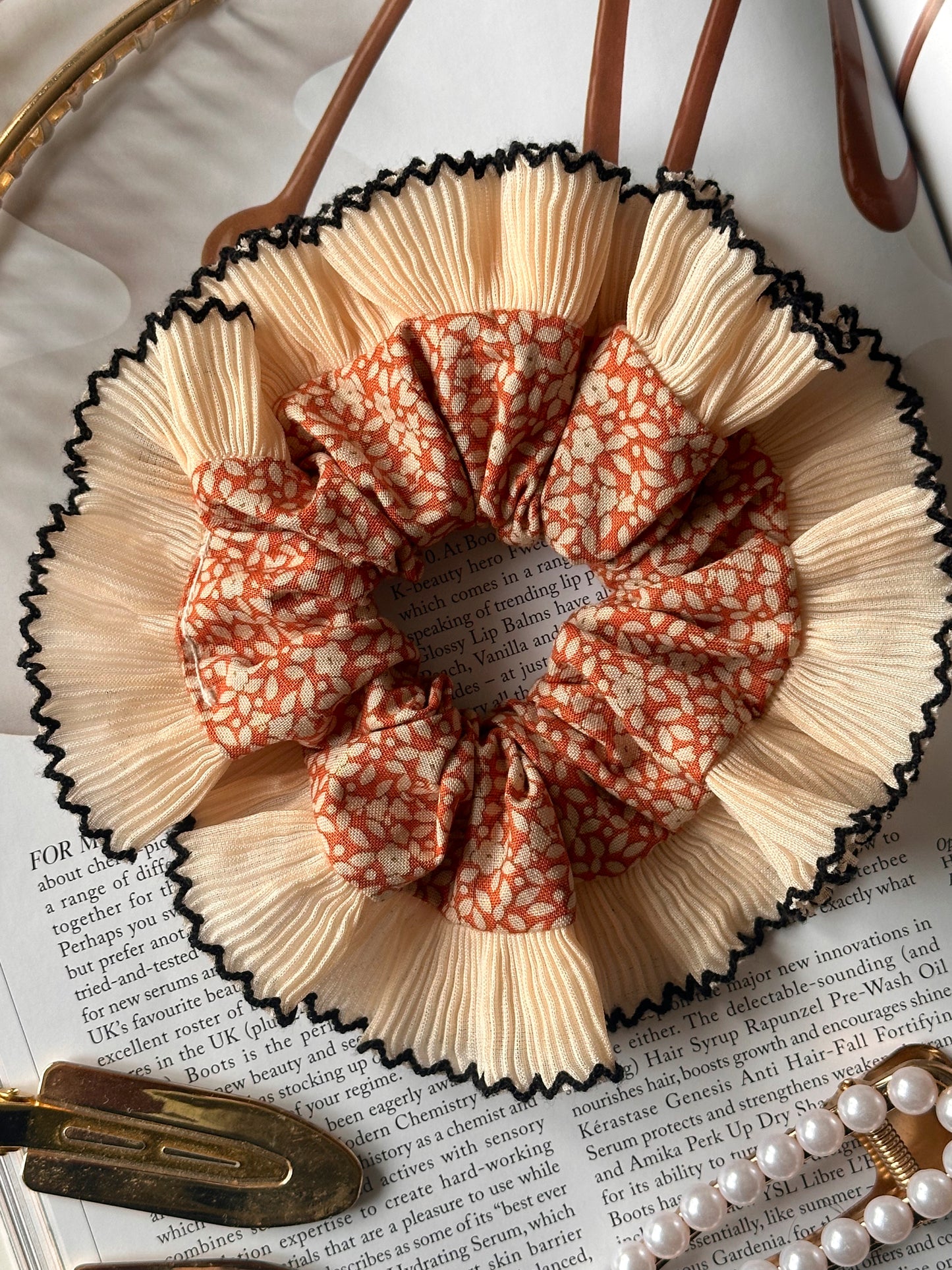 Mini Orange Floral Scrunchie with Cream Frill Trim