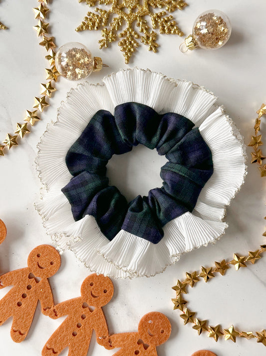 Blue and Green Tartan Scrunchie with White and Gold Frill Trim
