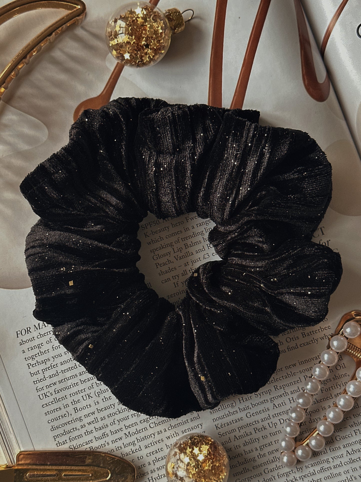 Black Ribbed Velvet & Gold Glitter Scrunchie