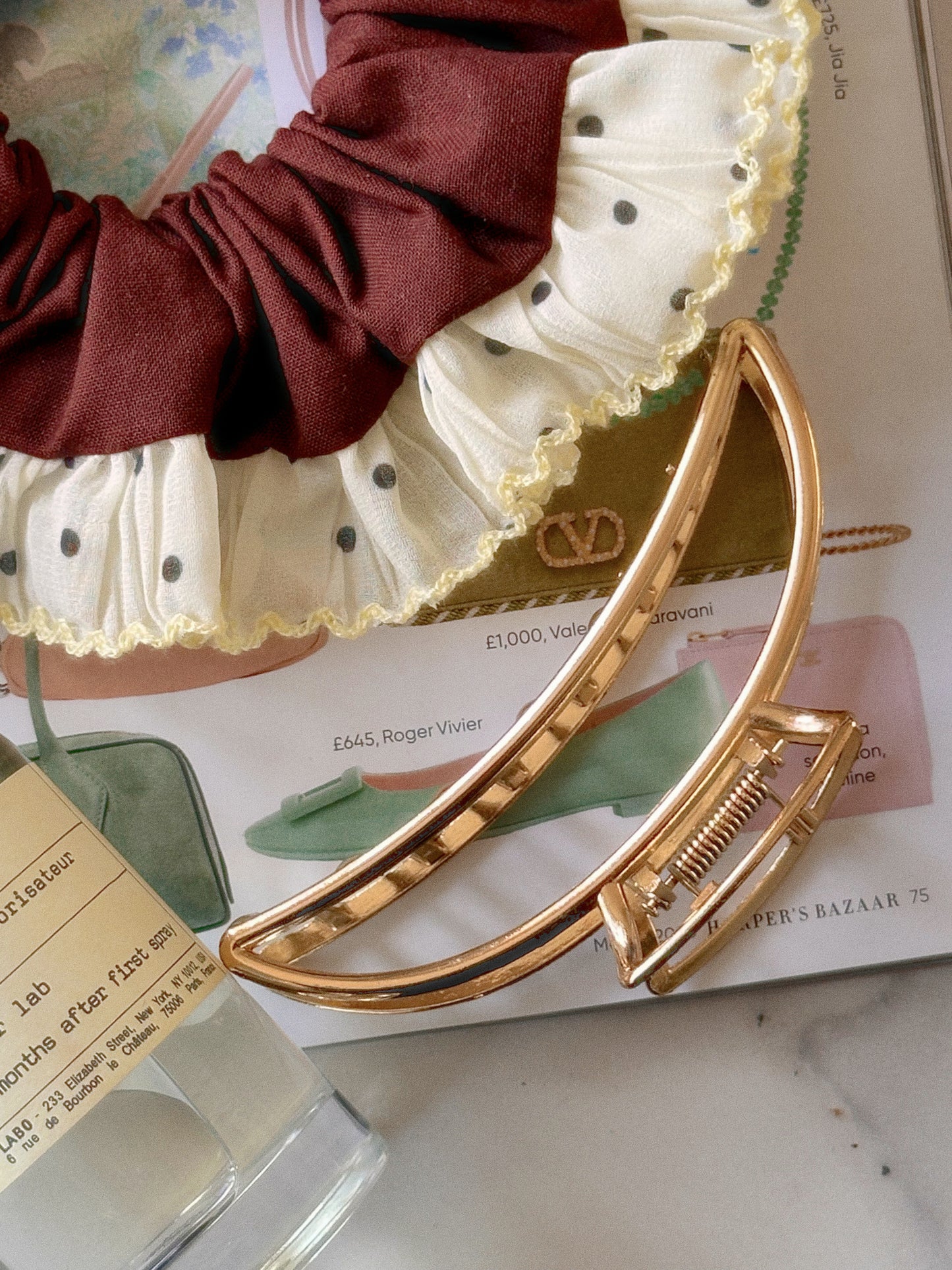 Oversized Brown Scrunchie with Yellow Polkadot Trim