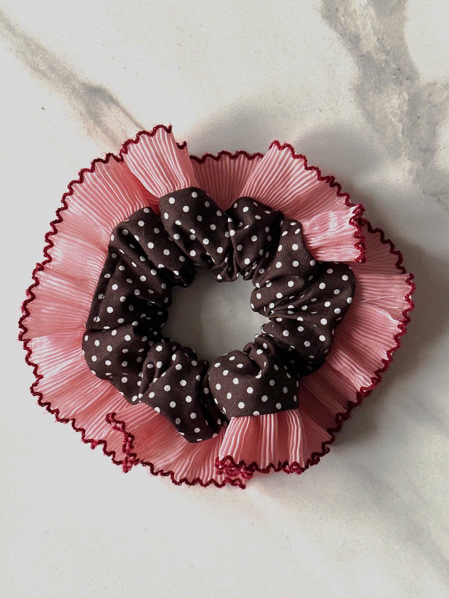 Oversized Dark Brown Polkadot Scrunchie with Pink Frill Trim