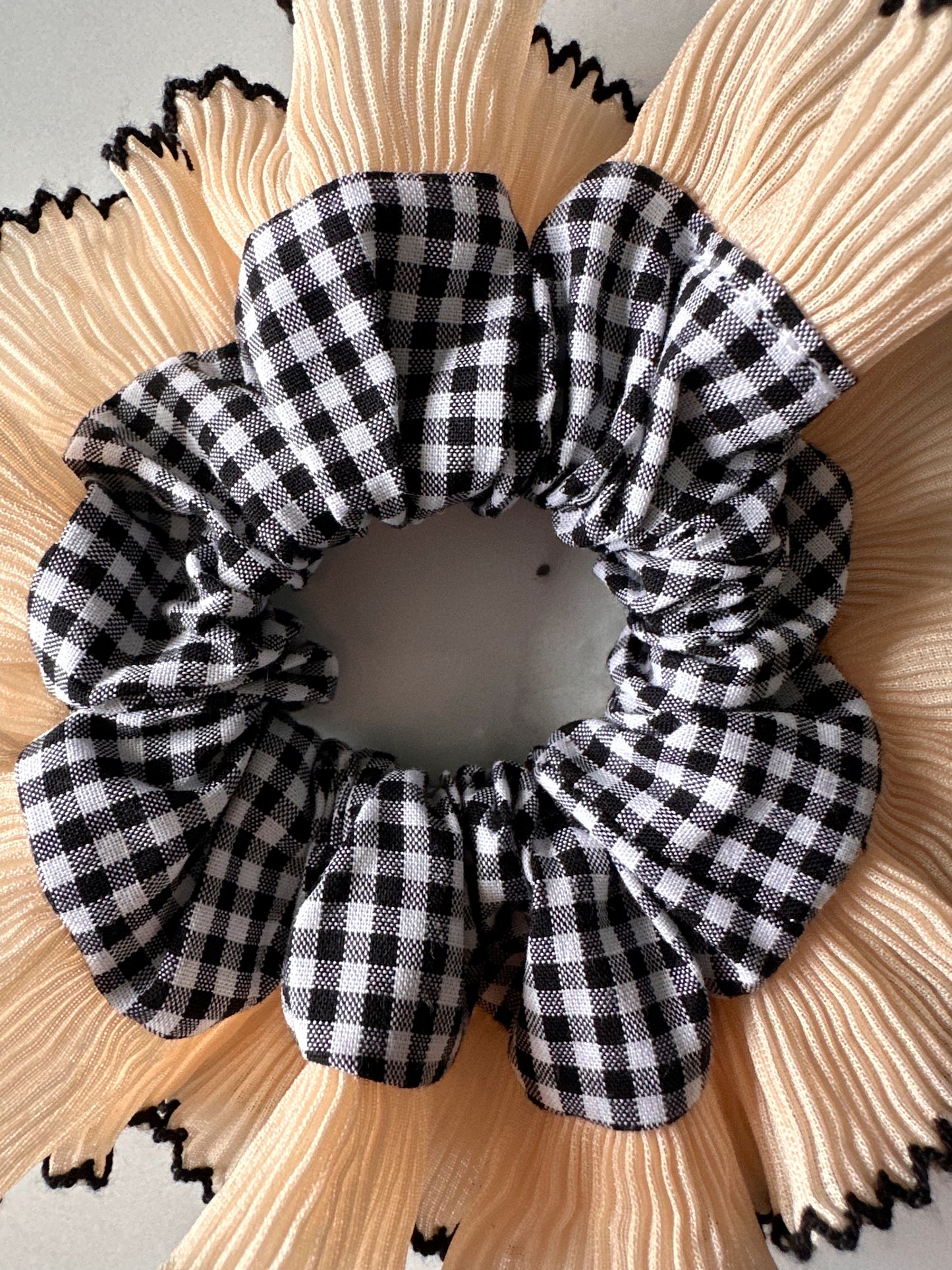 Smaller Black Gingham Scrunchie with Cream Frill Trim