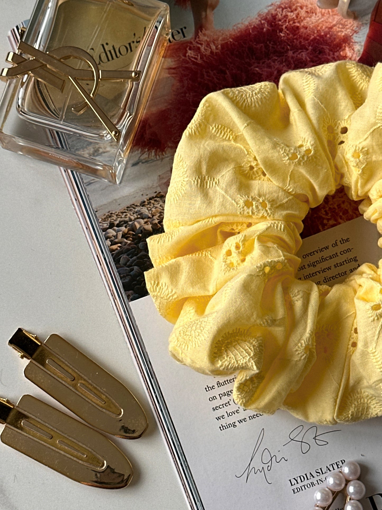 Lemon Broderie Scrunchie – Handmade Embroidered Cotton Hair Tie