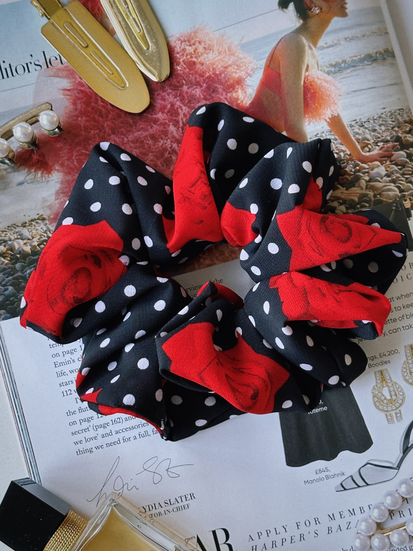 Polkadot and Rose Chiffon Scrunchie