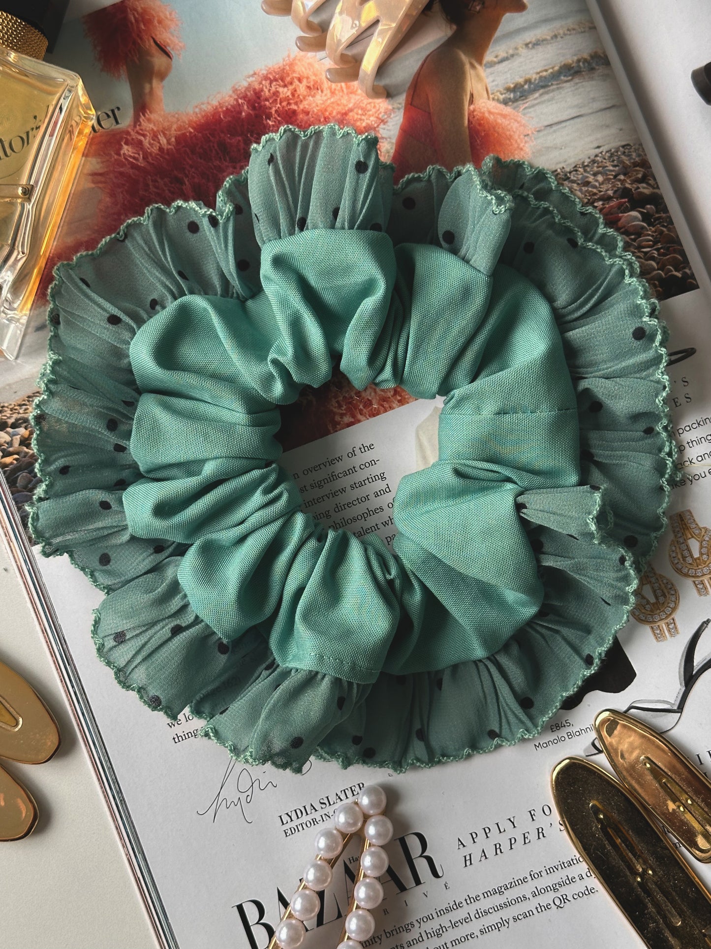 Oversized Teal Scrunchie with Teal Polkadot Trim