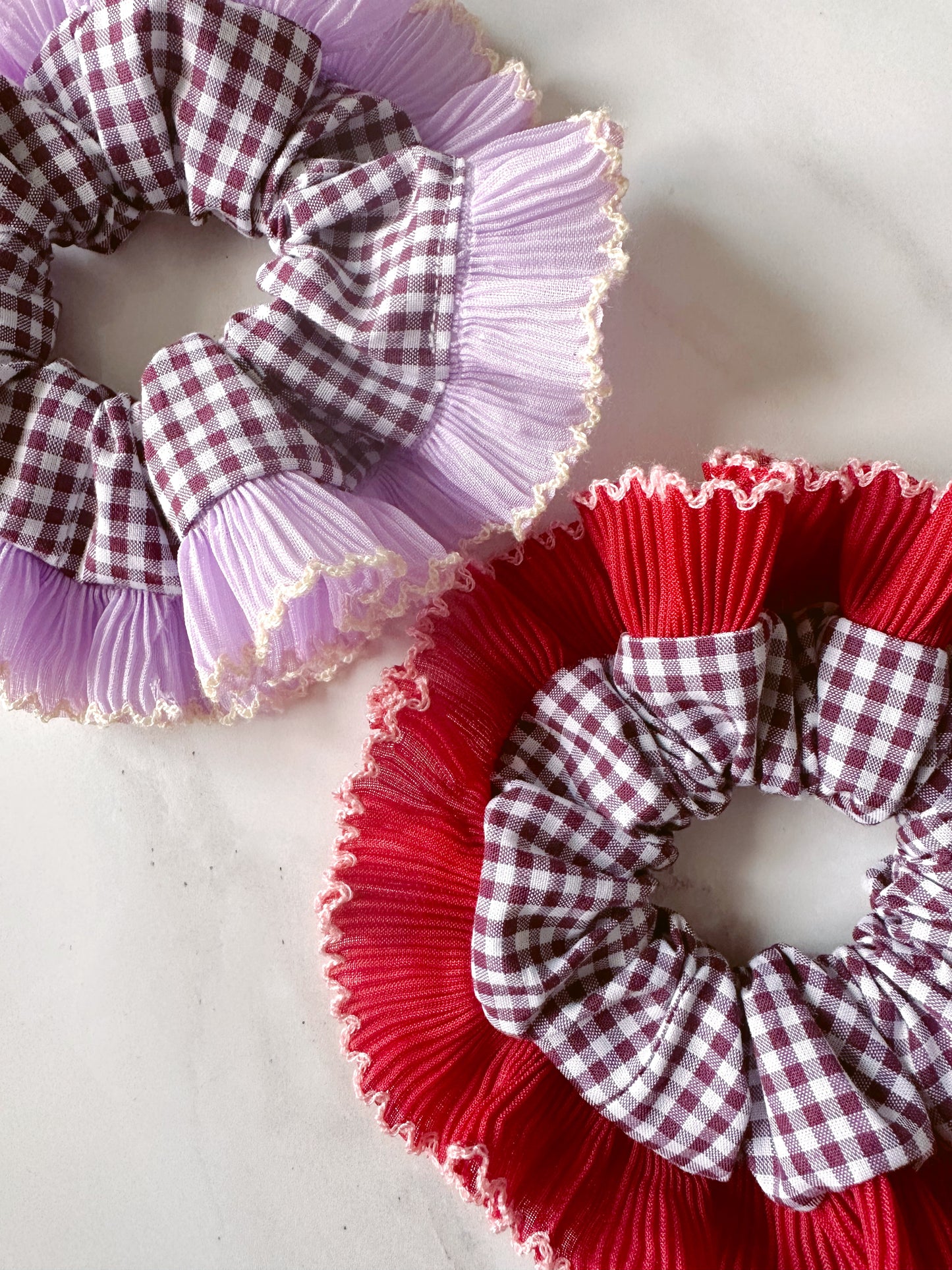 Mini Mulberry Gingham Scrunchie with Purple Frill Trim