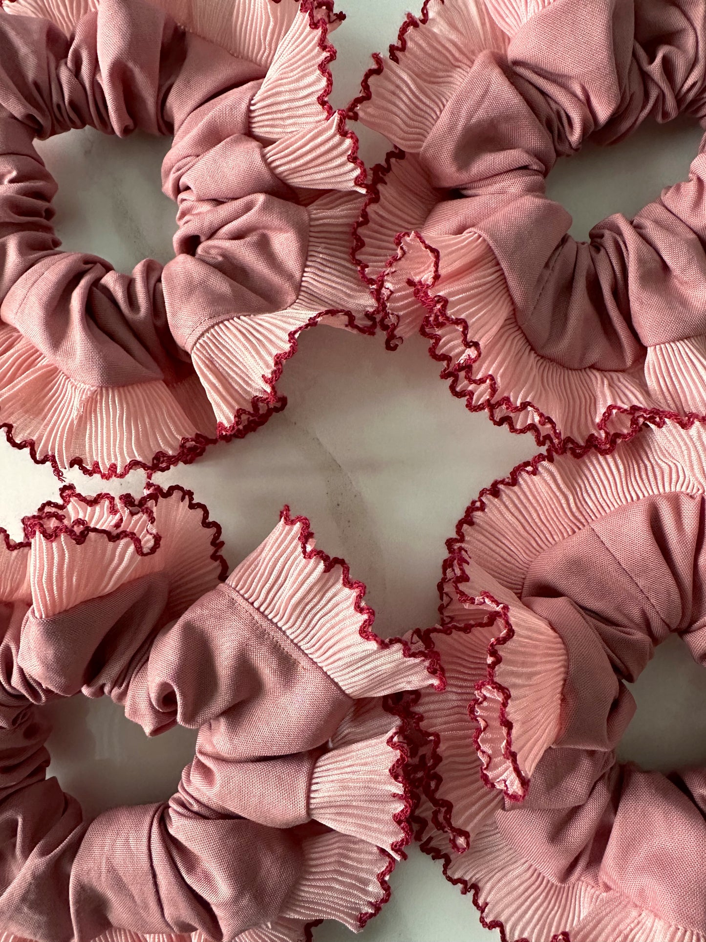 XL Dusk Pink Scrunchie with Pink and Red Frill Trim