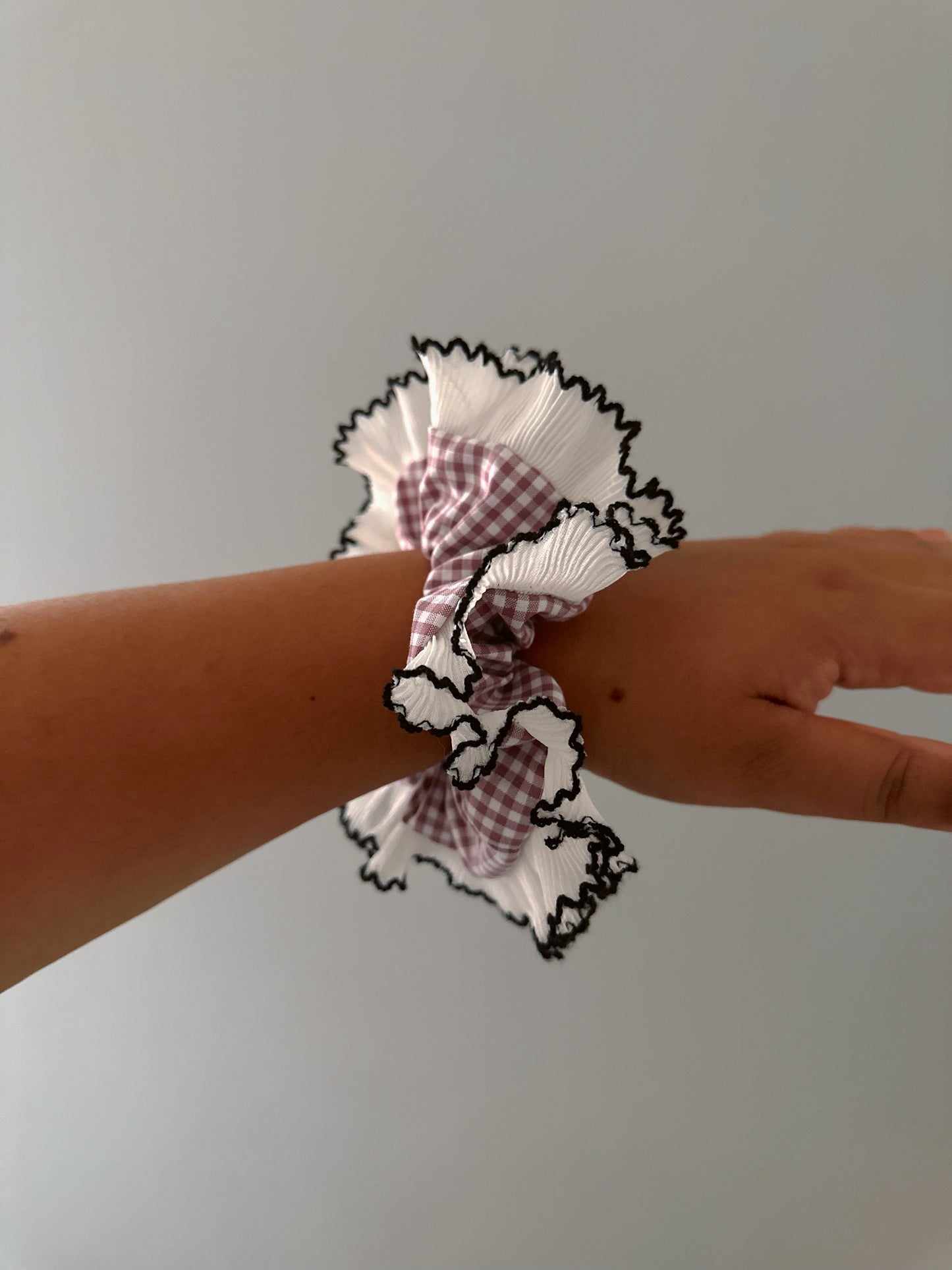 Handmade XL Rose Gingham Scrunchie with White and Black Frill Trim