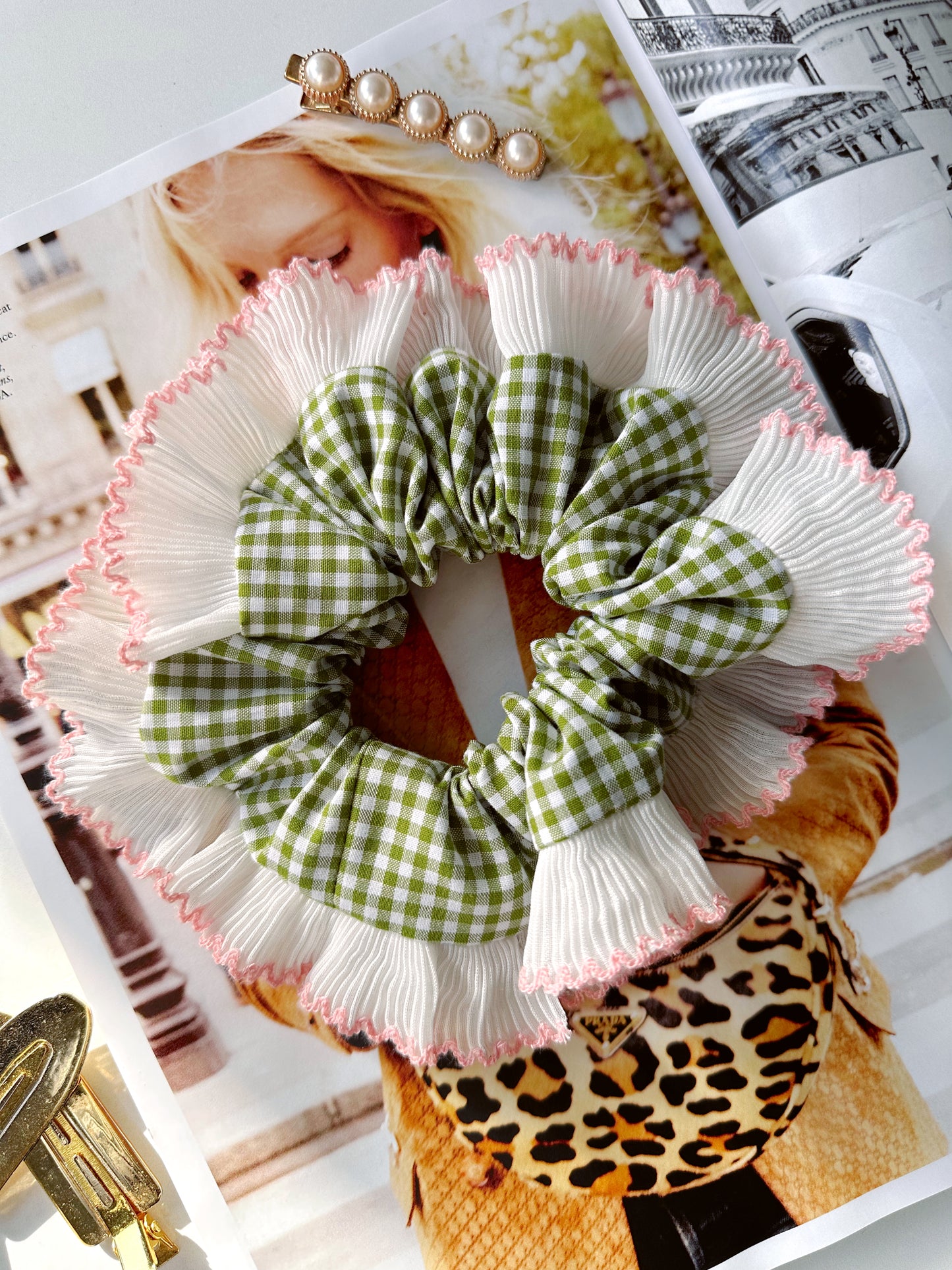 Handmade XL Olive Green Gingham Scrunchie with White and Pink Frill Trim