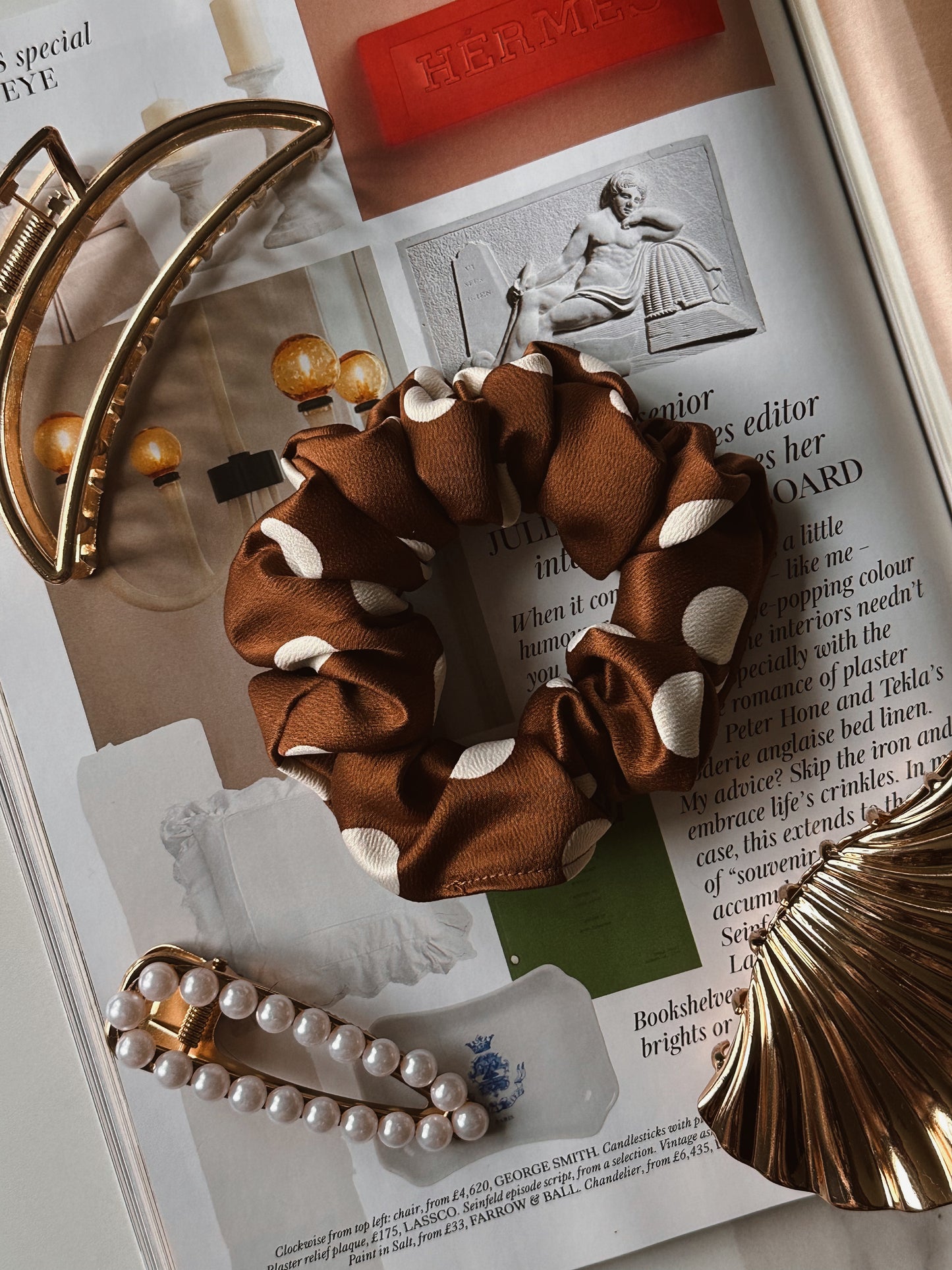 Brown and White Polkadot Satin Scrunchie