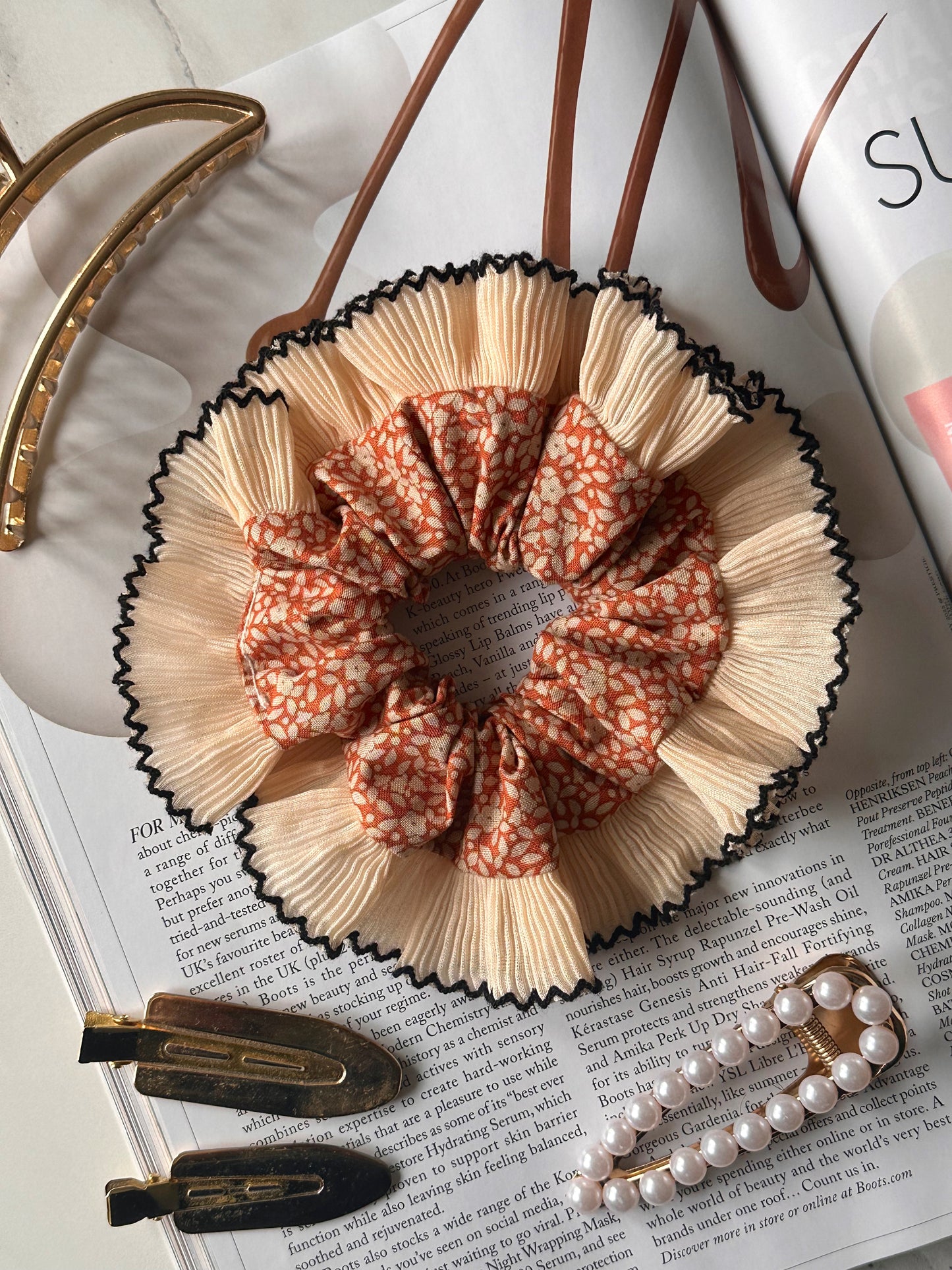 Mini Orange Floral Scrunchie with Cream Frill Trim