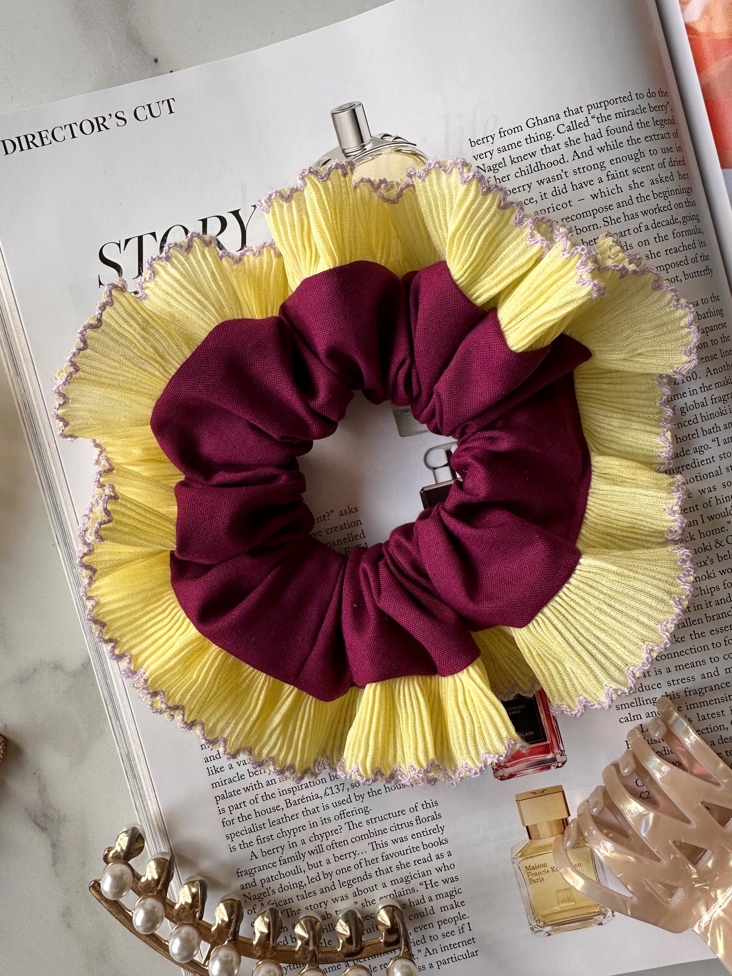 XL Purple Scrunchie with Yellow Frill Trim