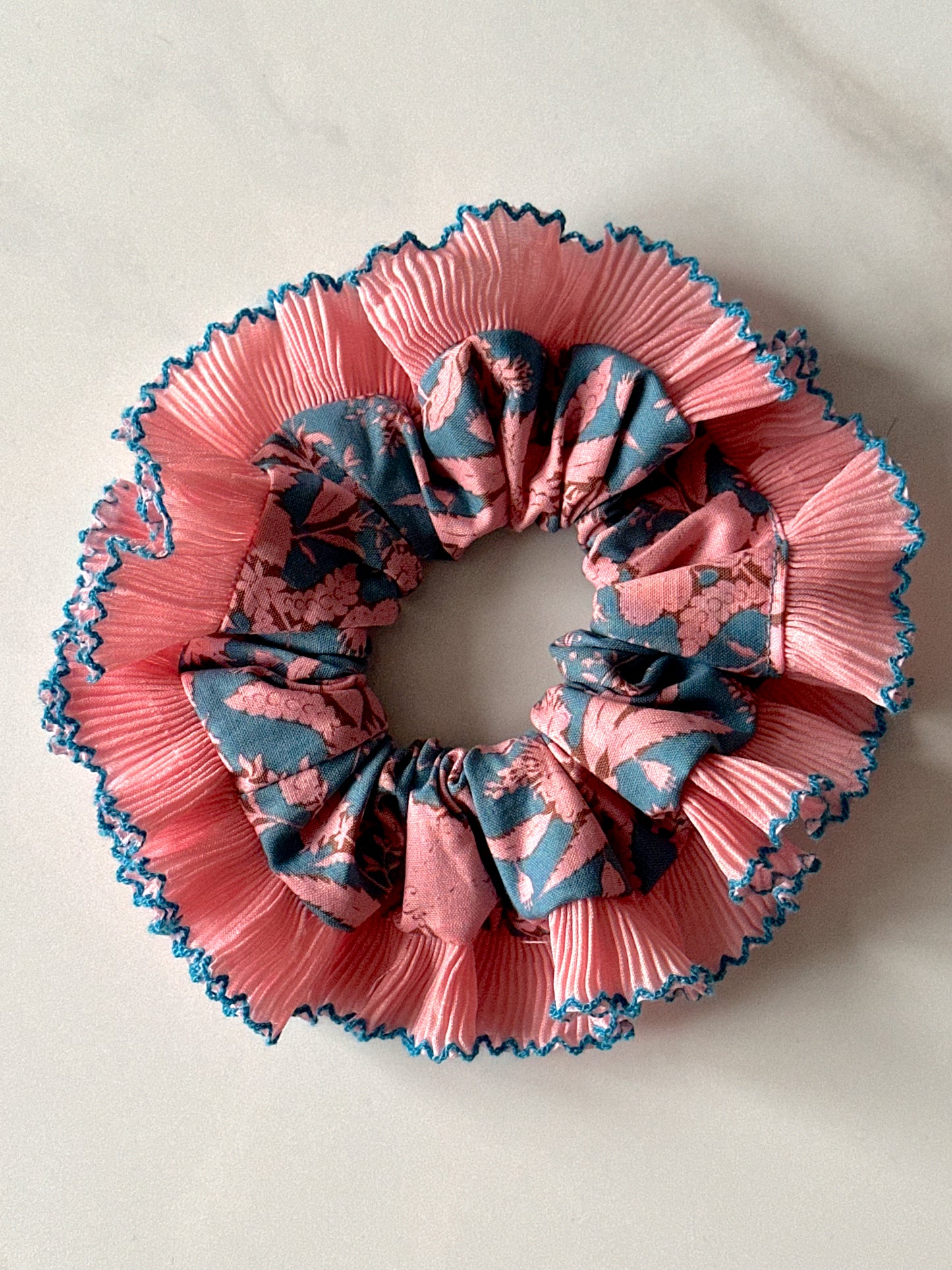 Oversized Turquoise and Pink Scrunchie with a Pink Frill Trim