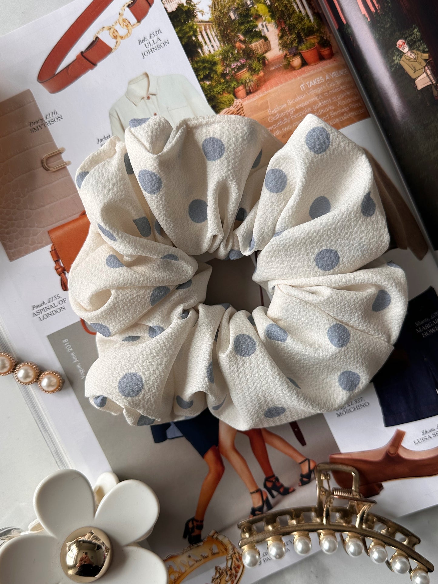 XL White and Light Blue Polkadot Scrunchie