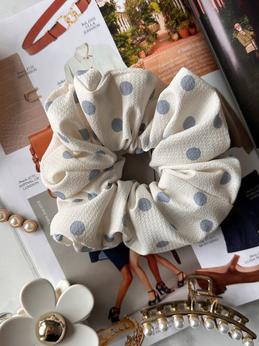 XL White and Light Blue Polkadot Scrunchie