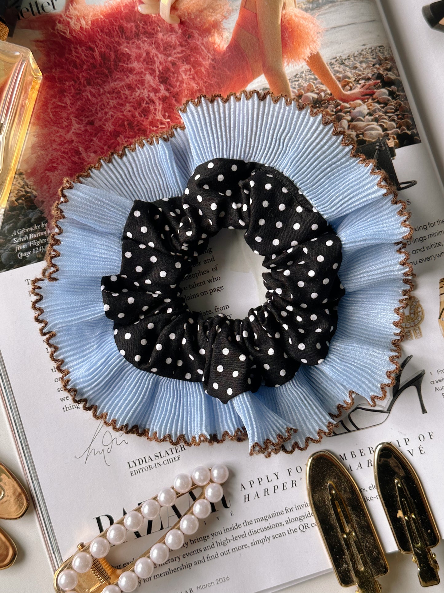 Oversized Black Polkadot Scrunchie with Baby Blue Frill Trim