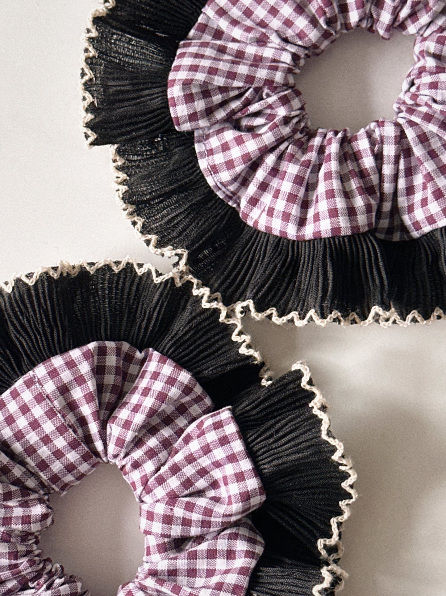 Smaller Mulberry Gingham Scrunchie with Black Frill Trim