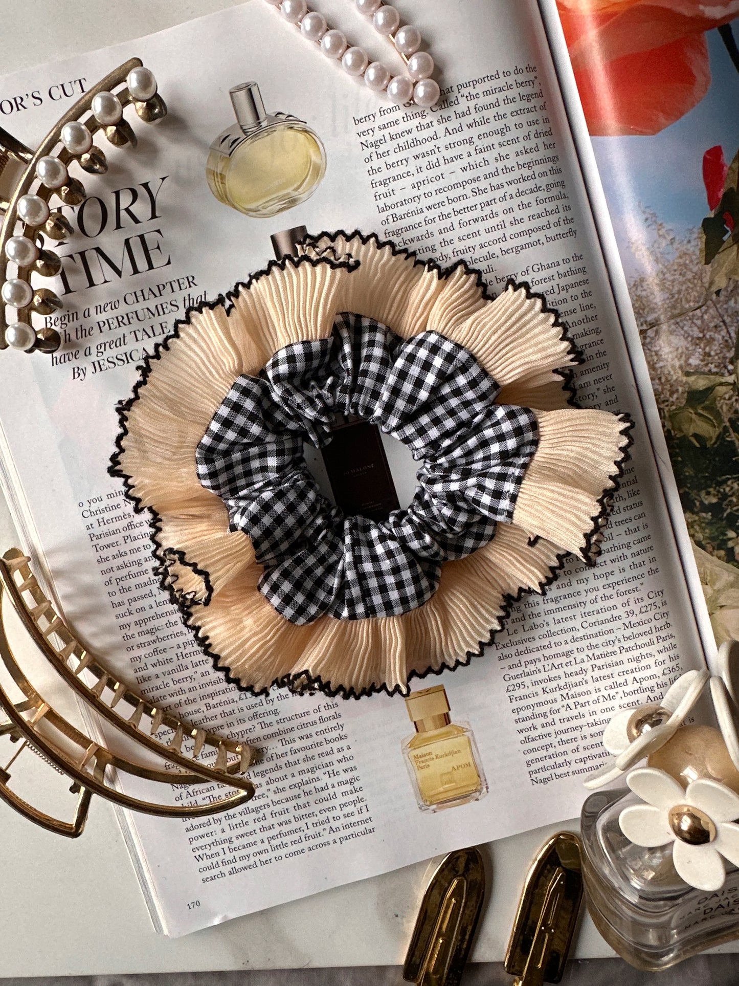 Smaller Black Gingham Scrunchie with Cream Frill Trim