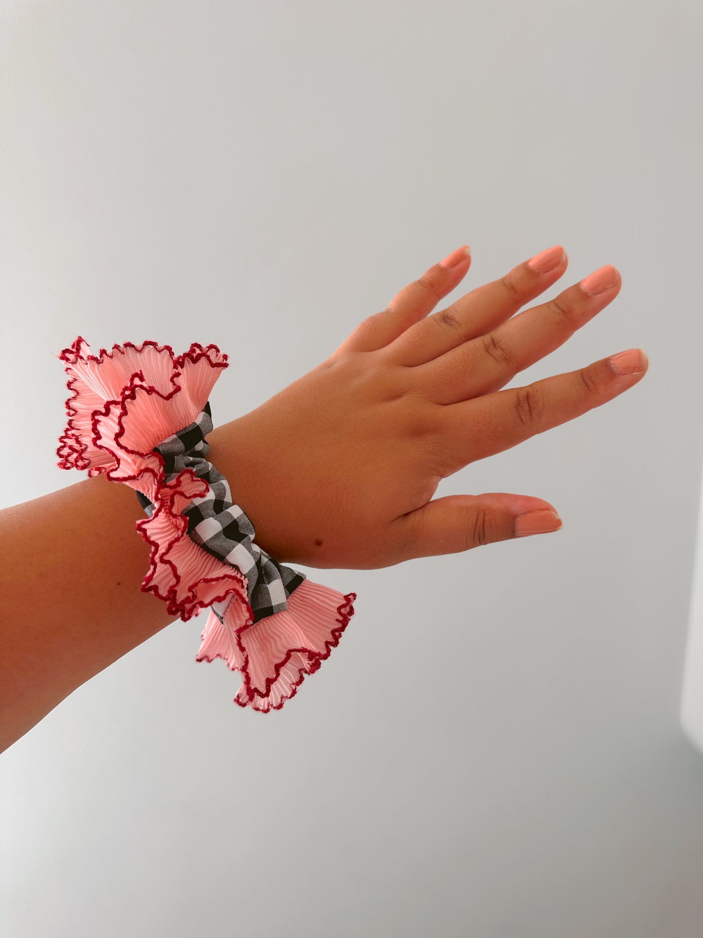 Handmade XL Black Gingham Scrunchie with Pink and Red Frill Trim