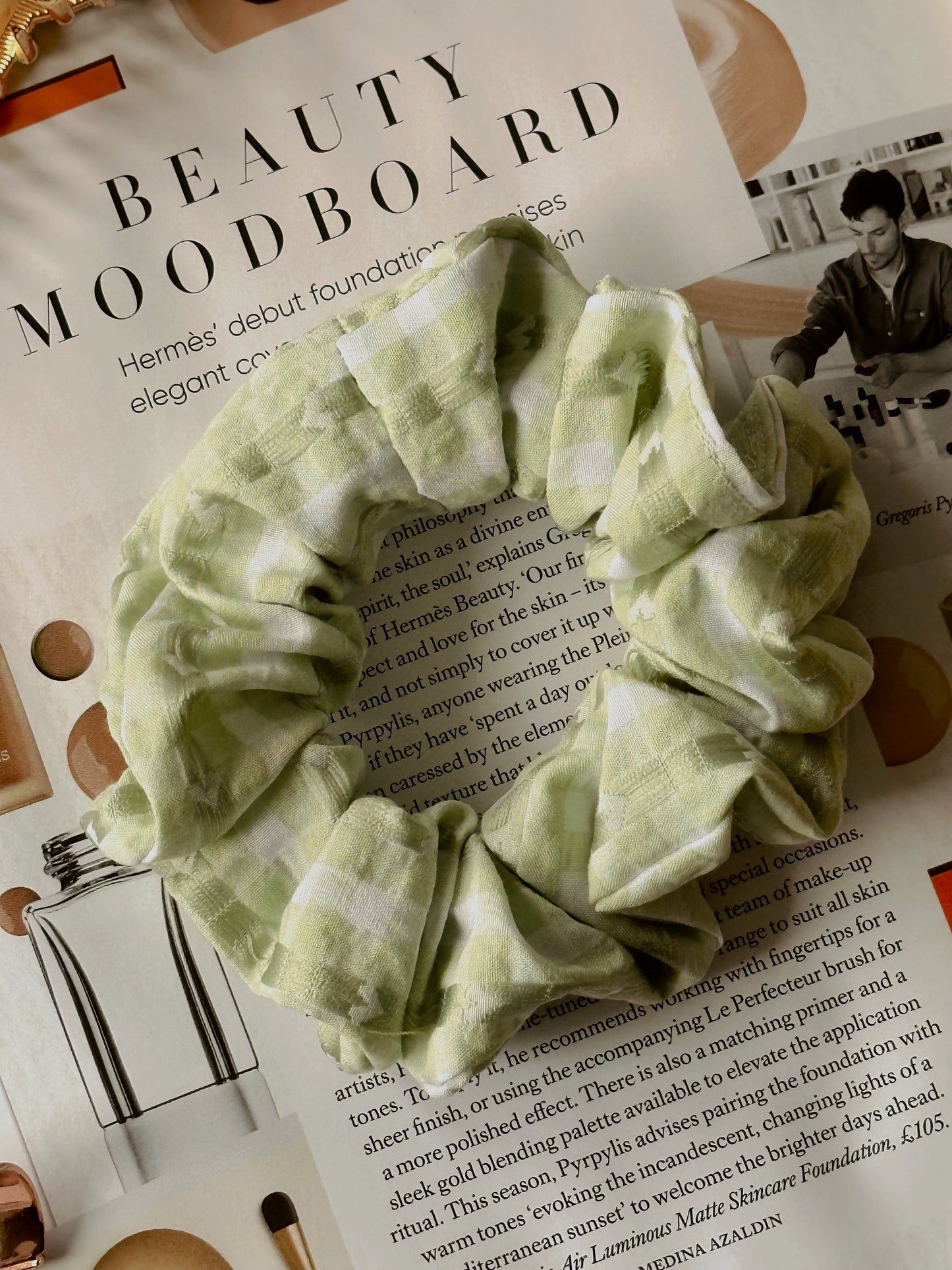 Valentines Pale Green Gingham and Heart Print Scrunchie
