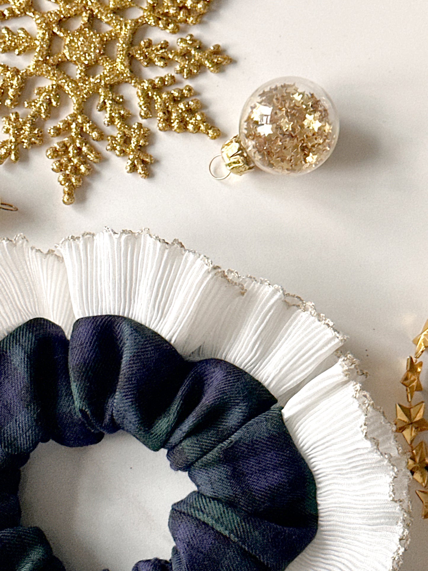 Blue and Green Tartan Scrunchie with White and Gold Frill Trim