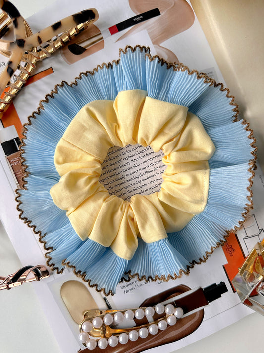 Handmade XL Butter Yellow Scrunchie with Blue and Brown Frill Trim