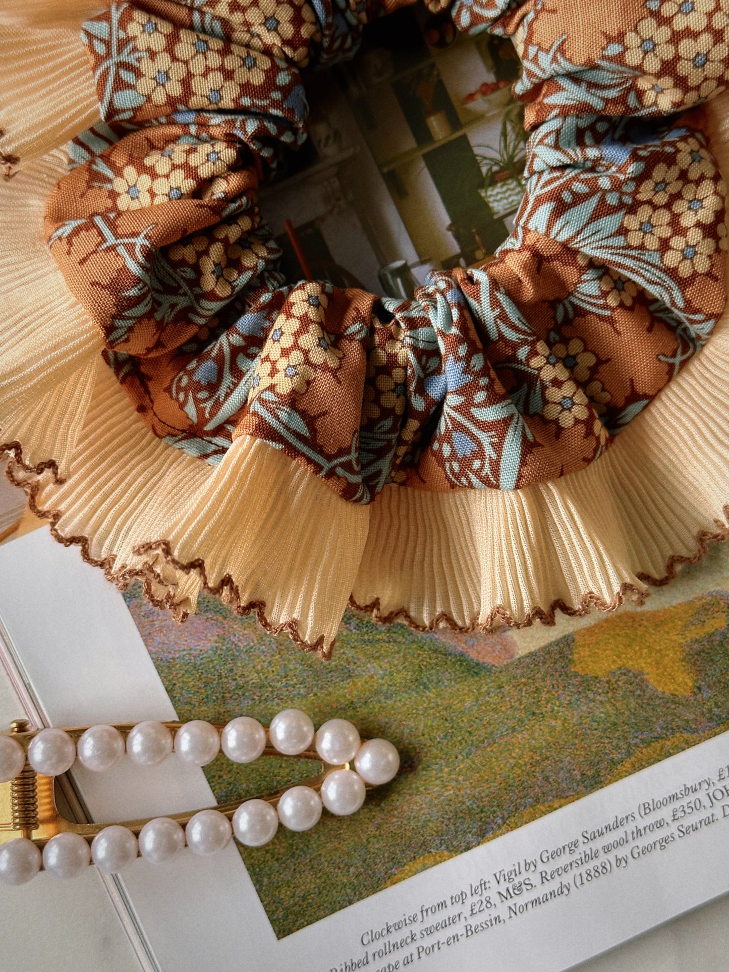 XL Brown Floral Scrunchie with Cream and Brown Frill Trim