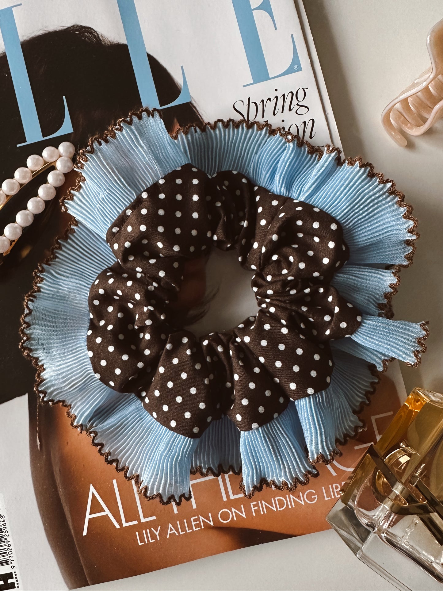 Oversized Dark Brown Polkadot Scrunchie with Baby Blue Frill Trim