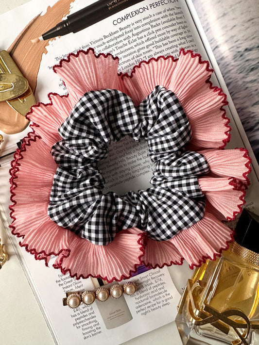 Handmade XL Black Gingham Scrunchie with Pink and Red Frill Trim