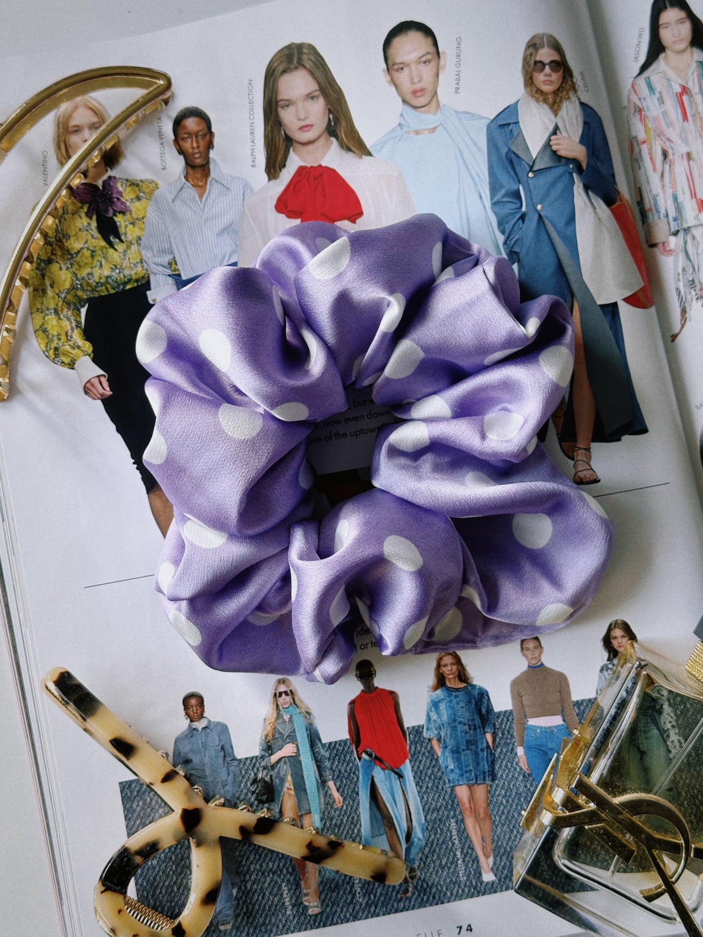 Purple and White Polkadot Satin Scrunchie
