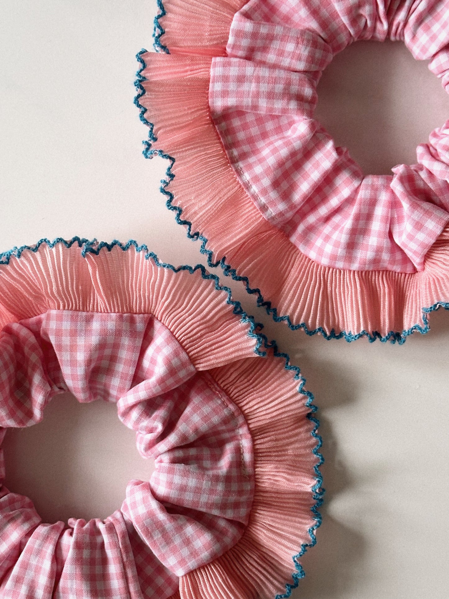 XL Pink Gingham Scrunchie with Pink and Blue Frill Trim