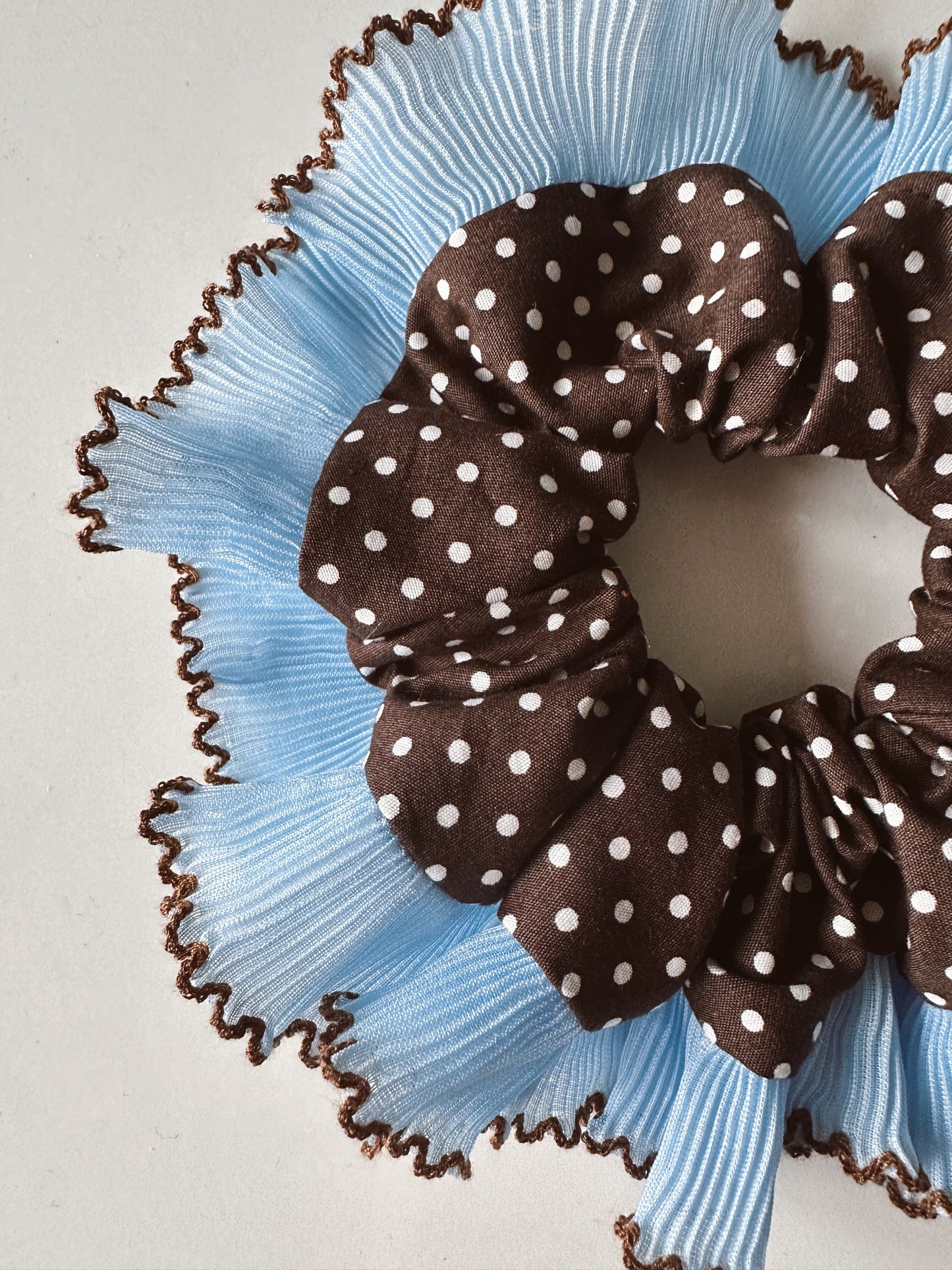 Oversized Dark Brown Polkadot Scrunchie with Baby Blue Frill Trim
