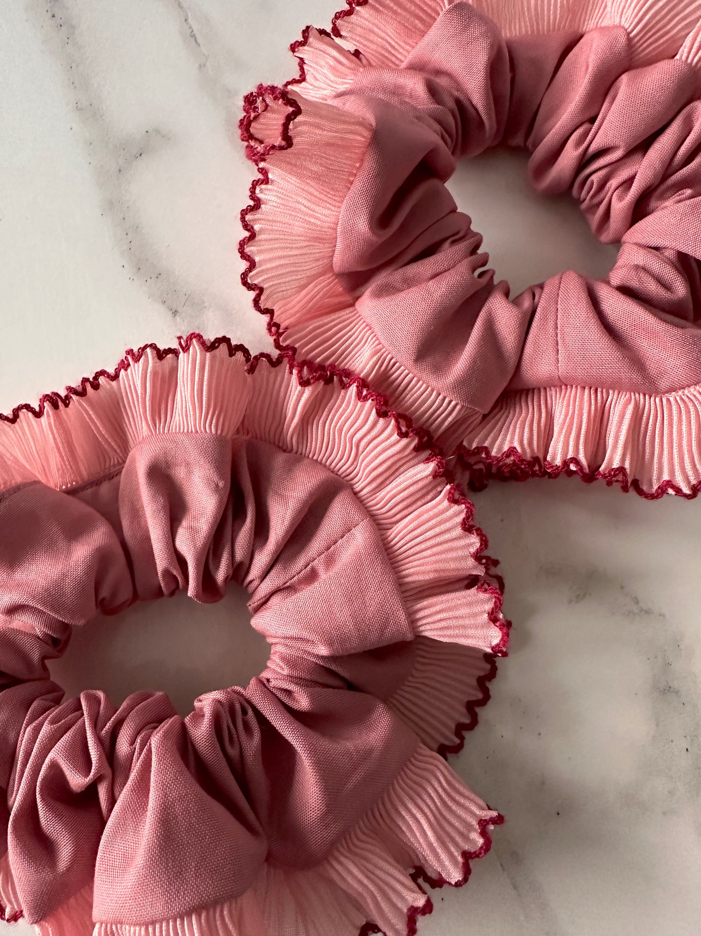 XL Dusk Pink Scrunchie with Pink and Red Frill Trim