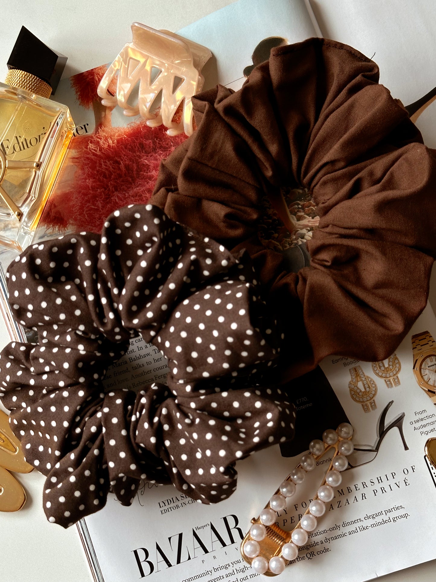 Chocolate Brown Polkadot & Brown Scrunchie Duo