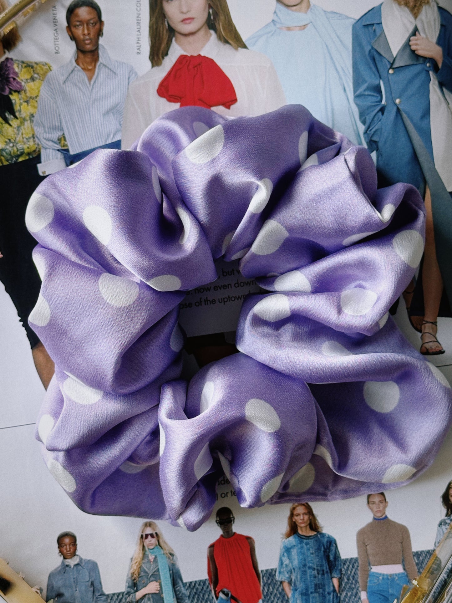 Purple and White Polkadot Satin Scrunchie