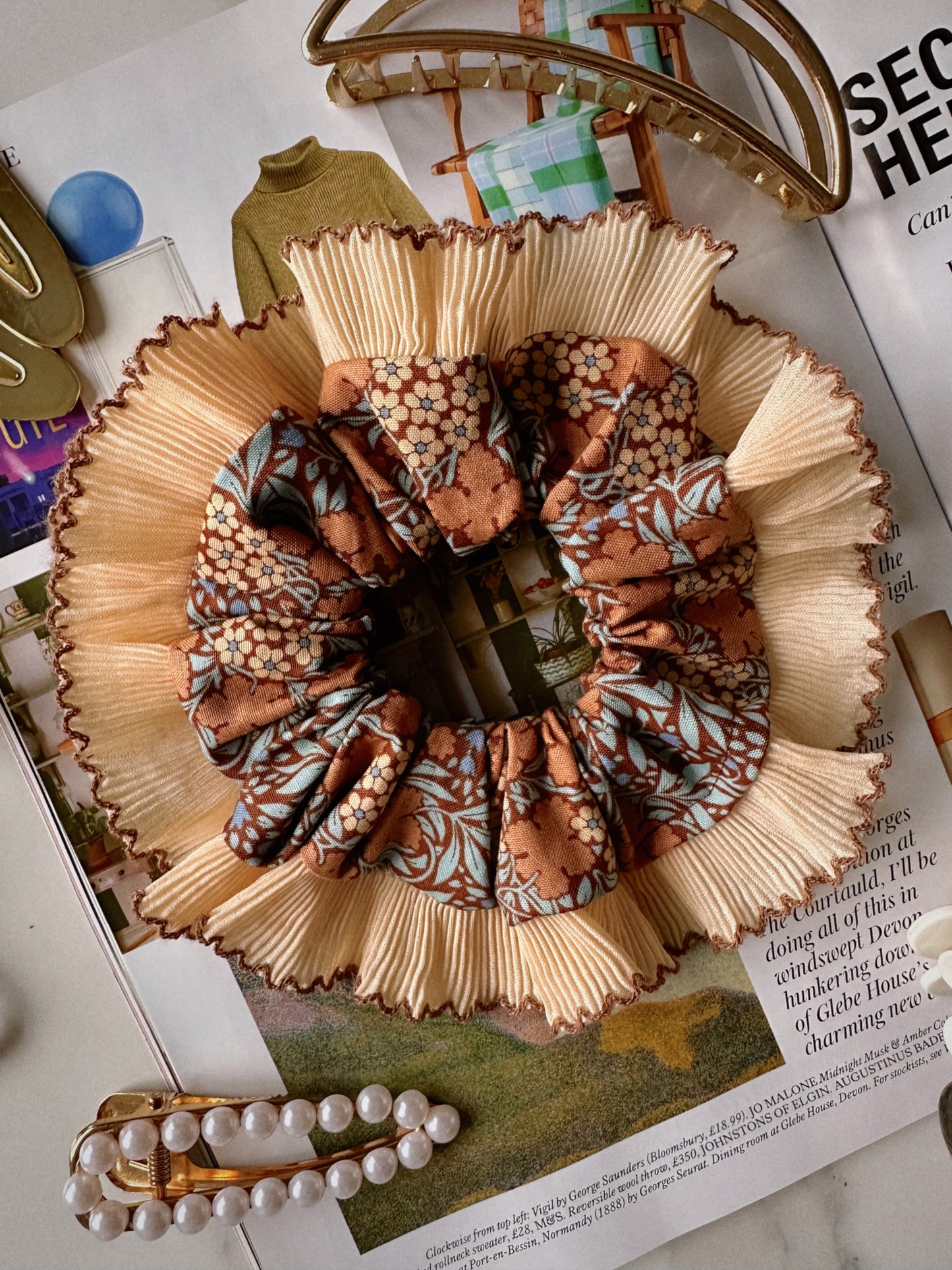 XL Brown Floral Scrunchie with Cream and Brown Frill Trim