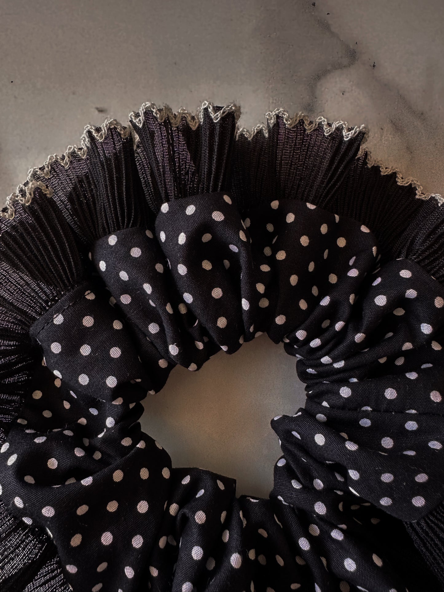 Oversized Black Polkadot Scrunchie with Black Frill Trim