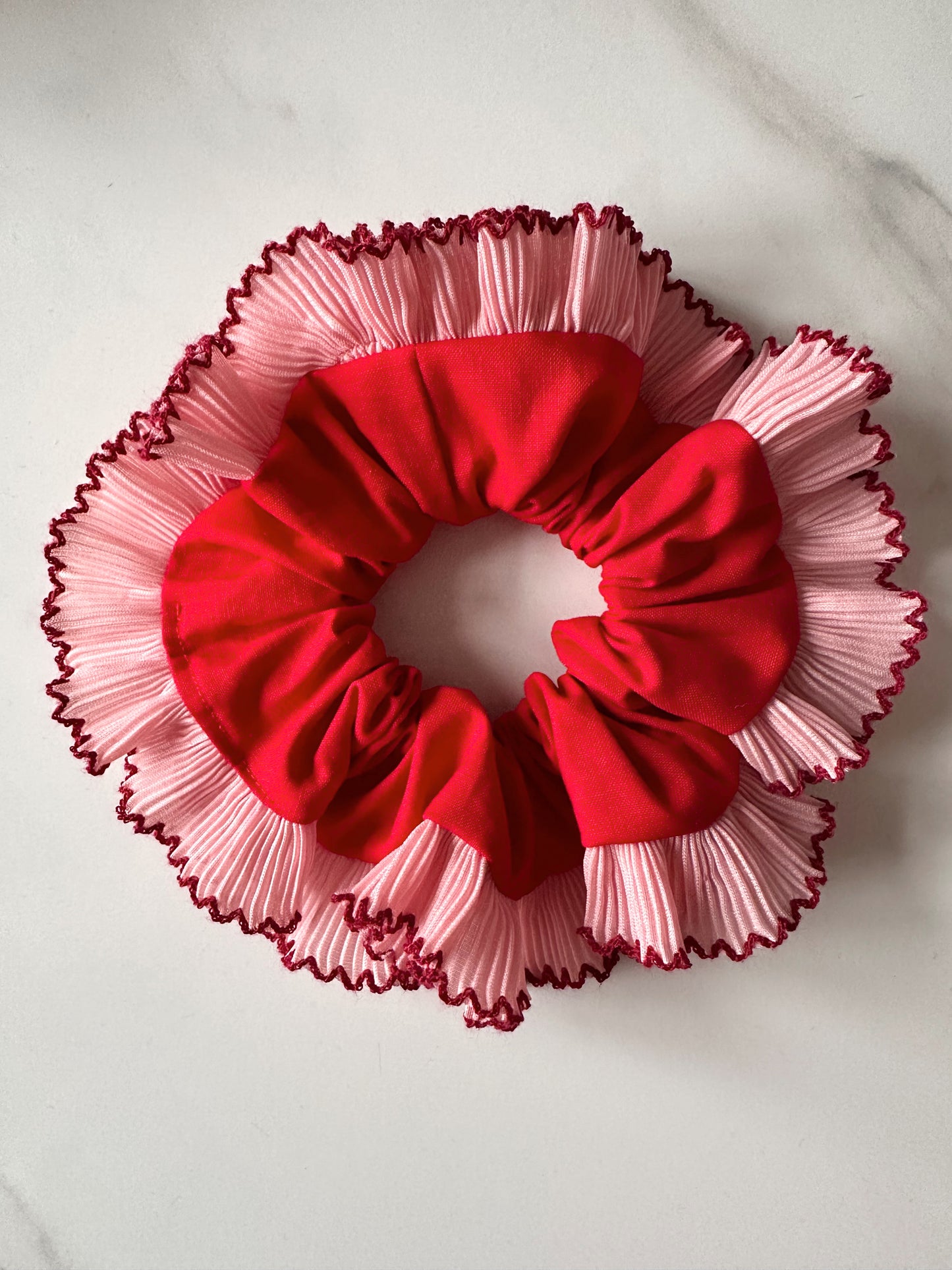 XL Red Scrunchie with Pink and Red Frill Trim