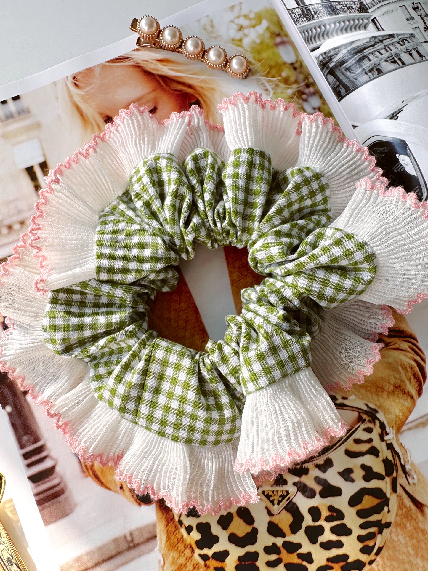 Handmade XL Olive Green Gingham Scrunchie with White and Pink Frill Trim