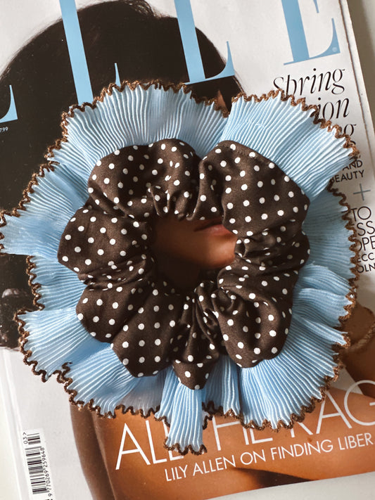 Oversized Dark Brown Polkadot Scrunchie with Baby Blue Frill Trim