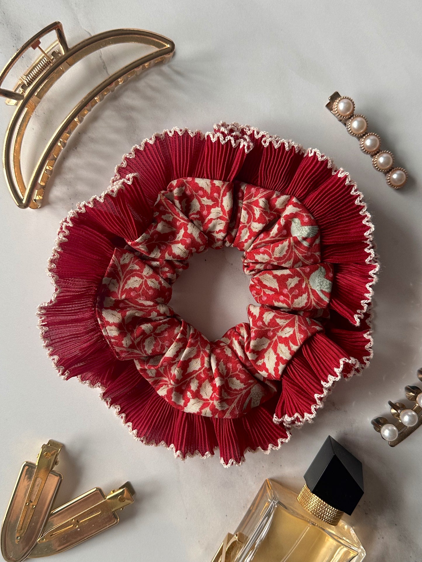 Red Christmas Print Scrunchie with Red and White Frill Trim