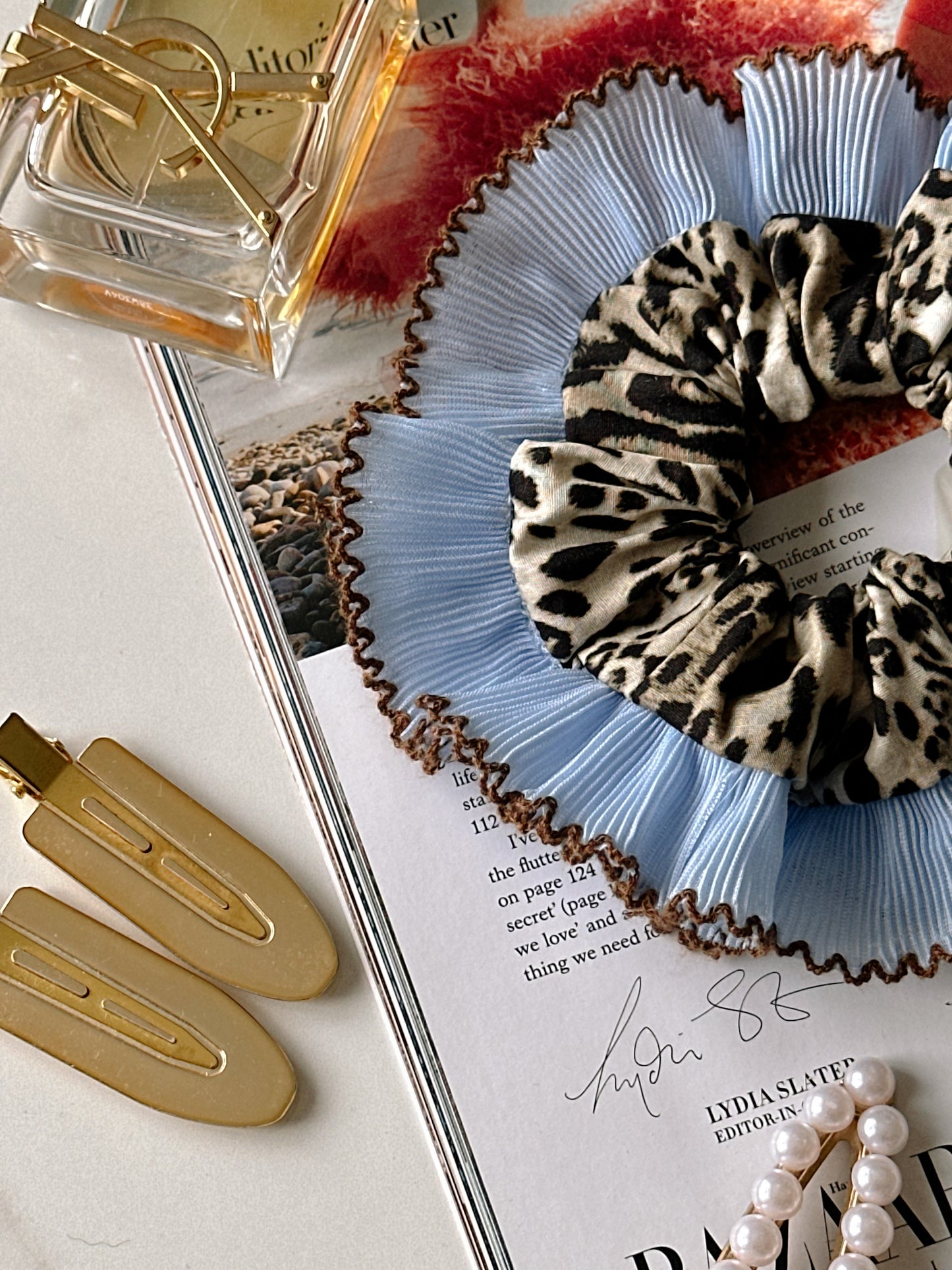 Oversized Leopard Print Scrunchie with Baby Blue Frill Trim