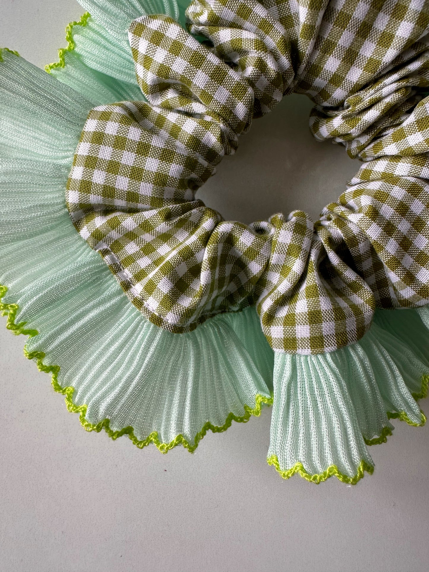 Mini Oversized Olive Green Gingham Scrunchie with Green Frill Trim