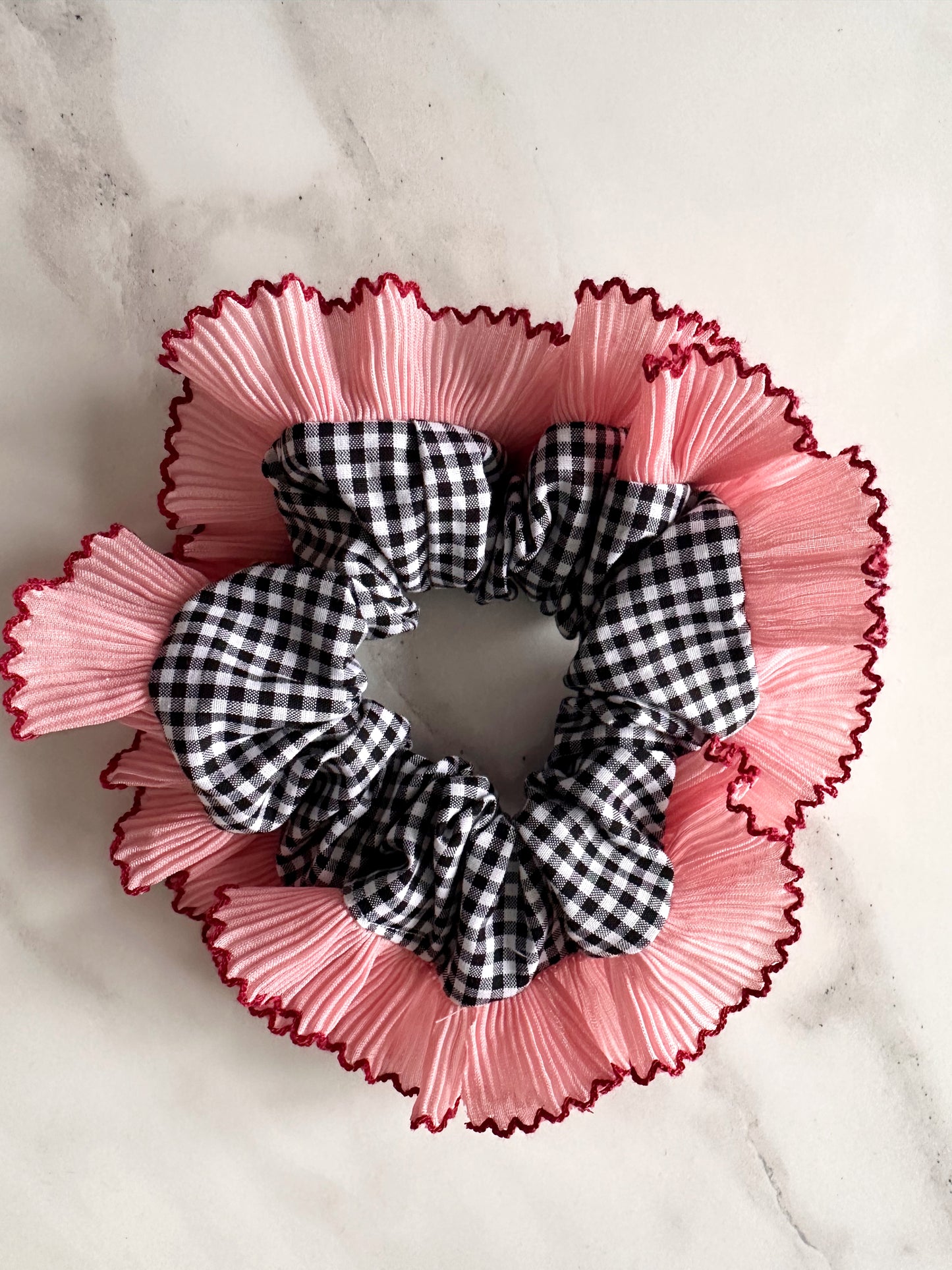 Handmade XL Black Gingham Scrunchie with Pink and Red Frill Trim