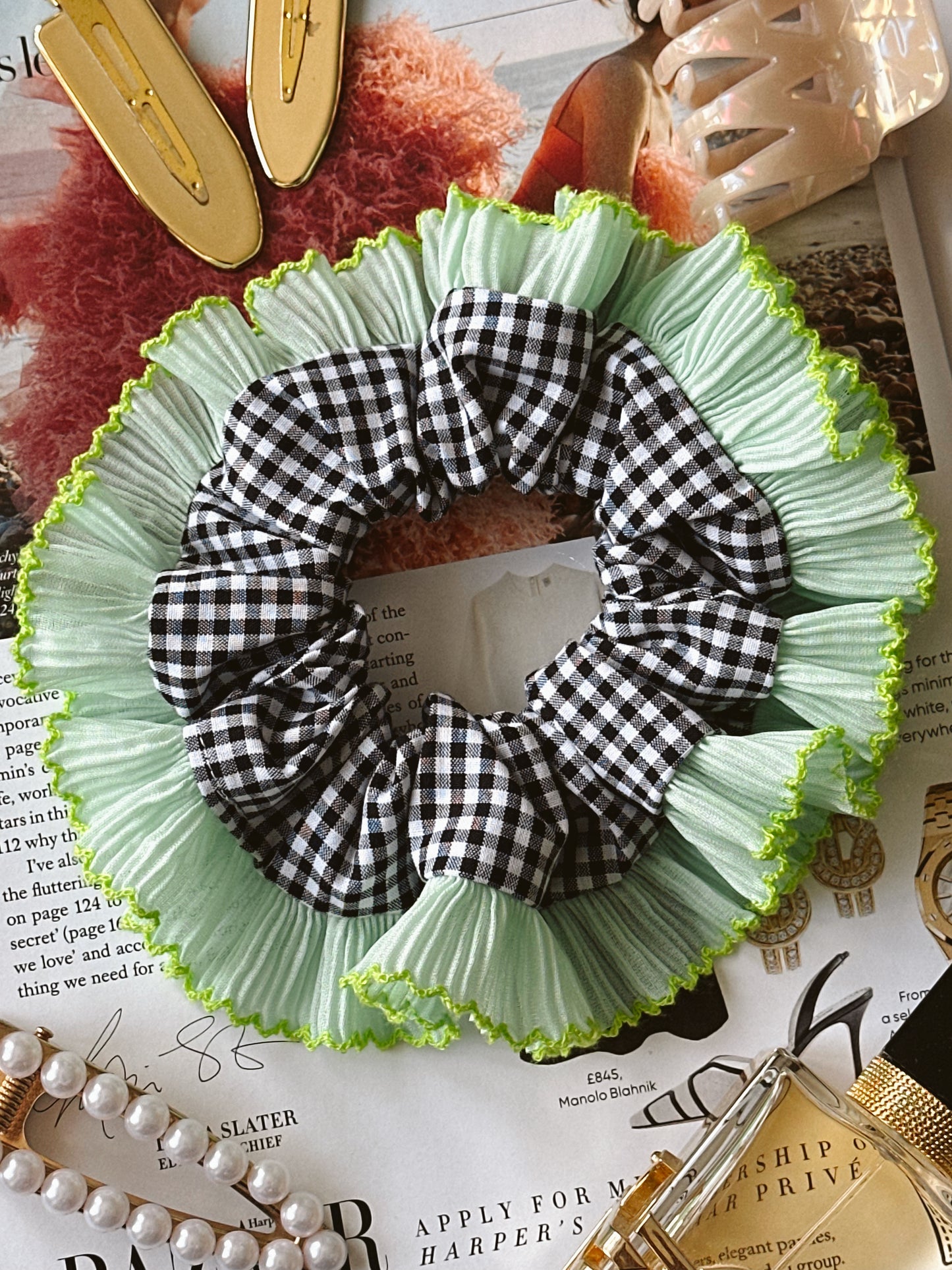 Black Gingham Scrunchie with Mint Green Frill Trim