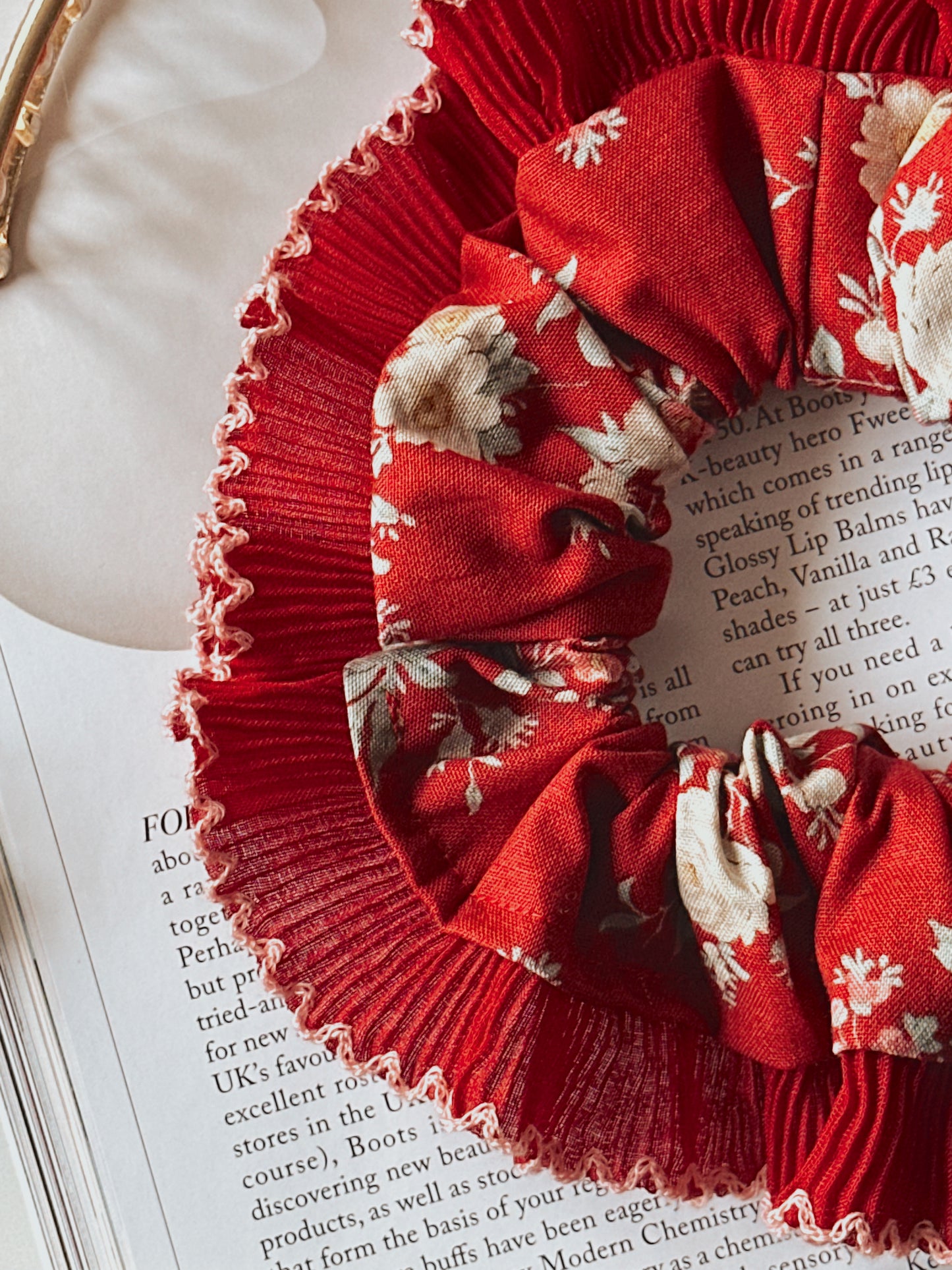 Red Floral Scrunchie with Red and Pink Frill Trim