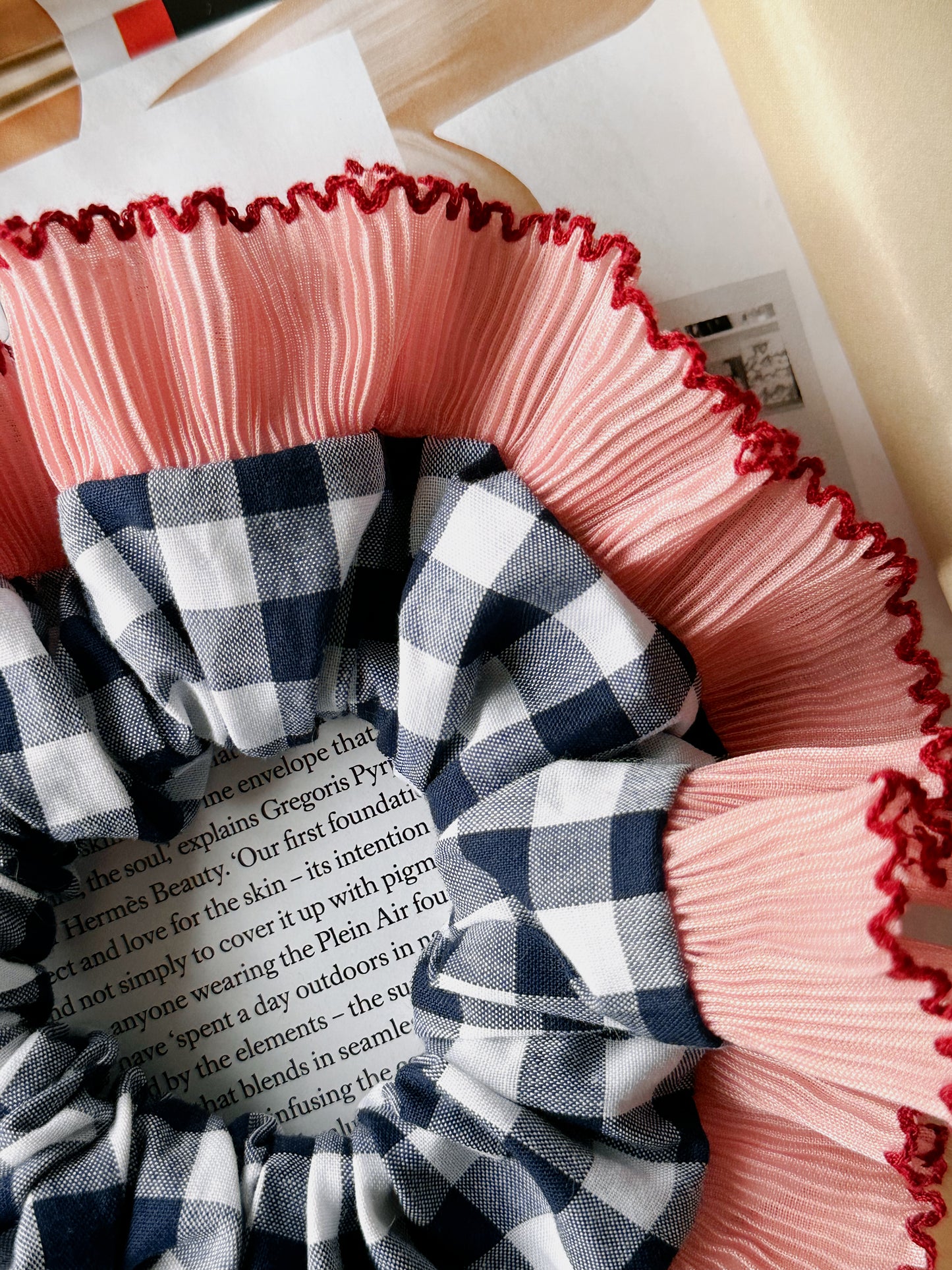 Handmade XL Navy Blue Gingham Scrunchie with Pink Frill Trim