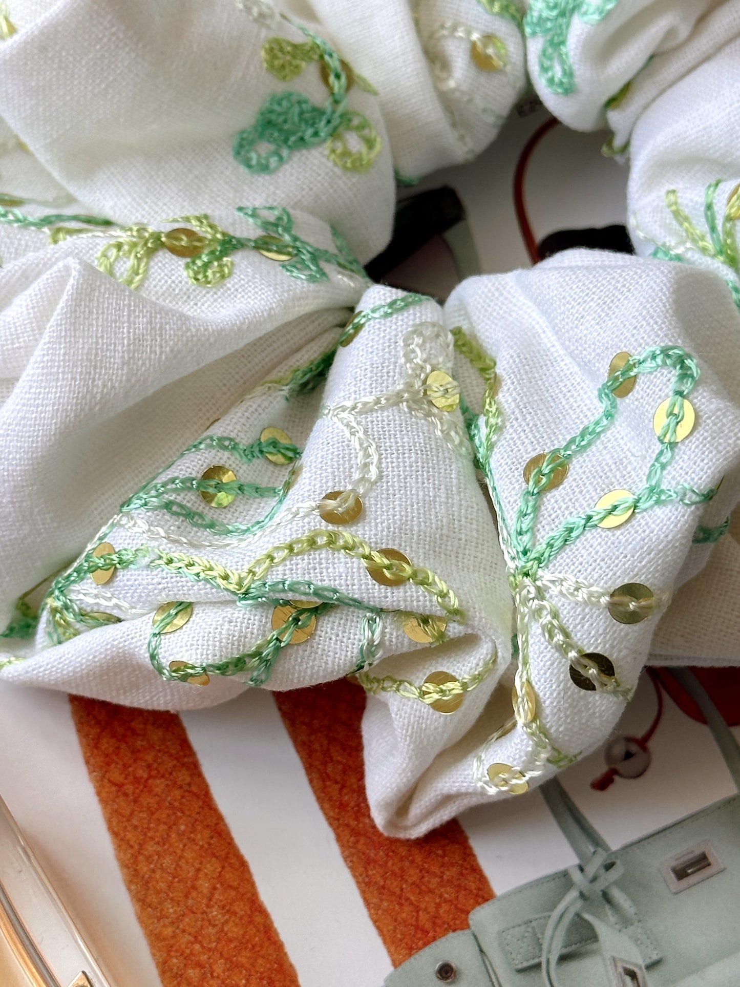 White Linen Scrunchie with Green Sequinned Embroidery