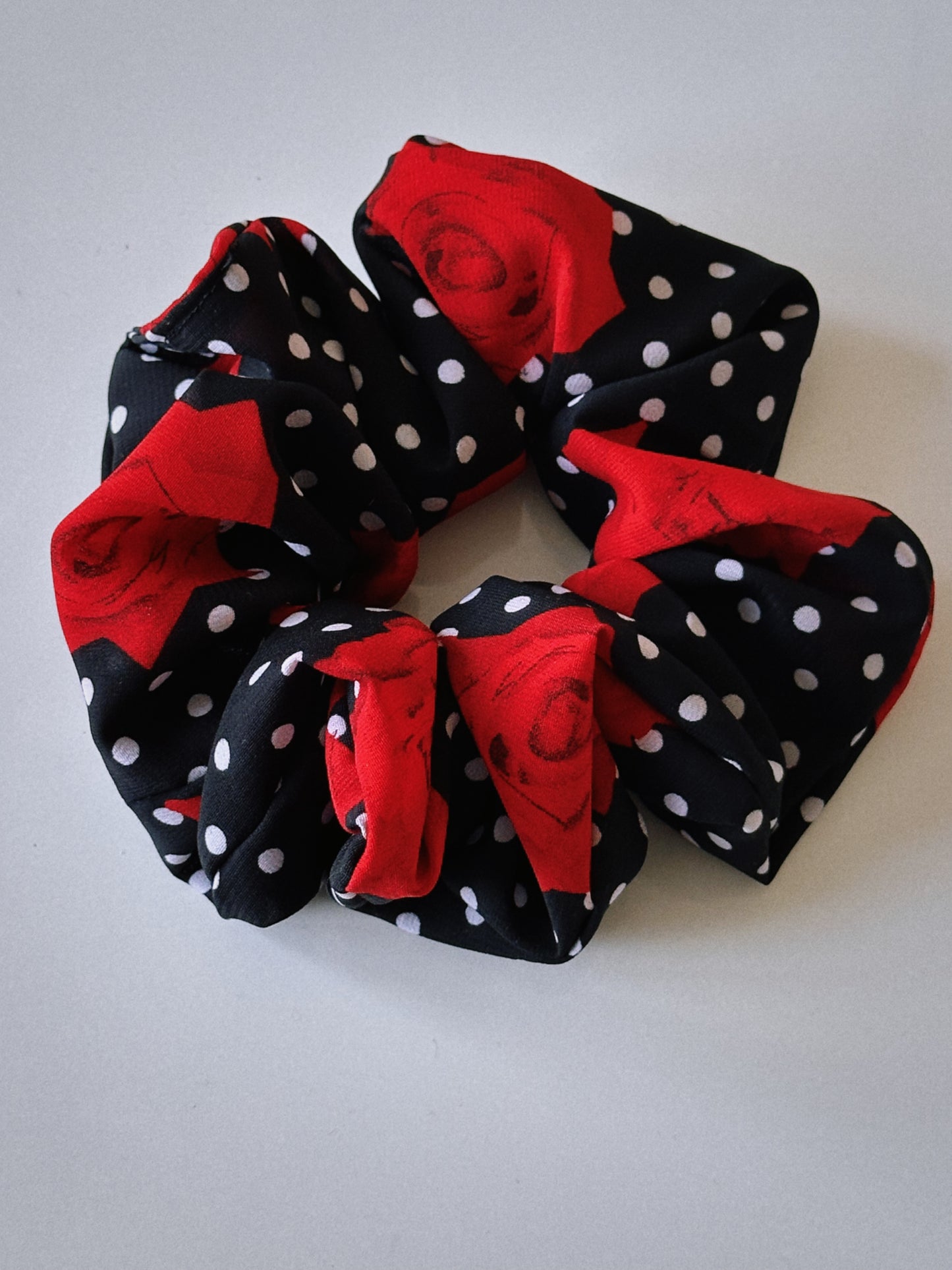 Polkadot and Rose Chiffon Scrunchie